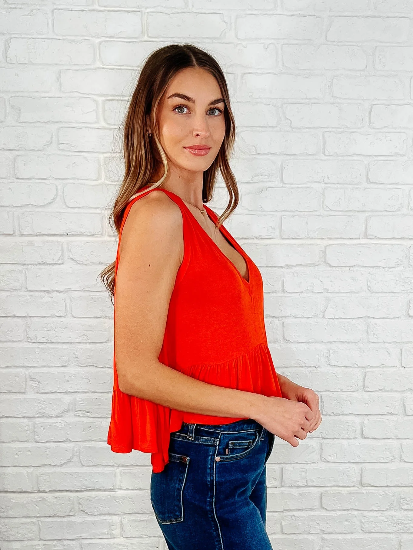 V-Neck Ruffled Peplum in Spicy Orange - Image 5