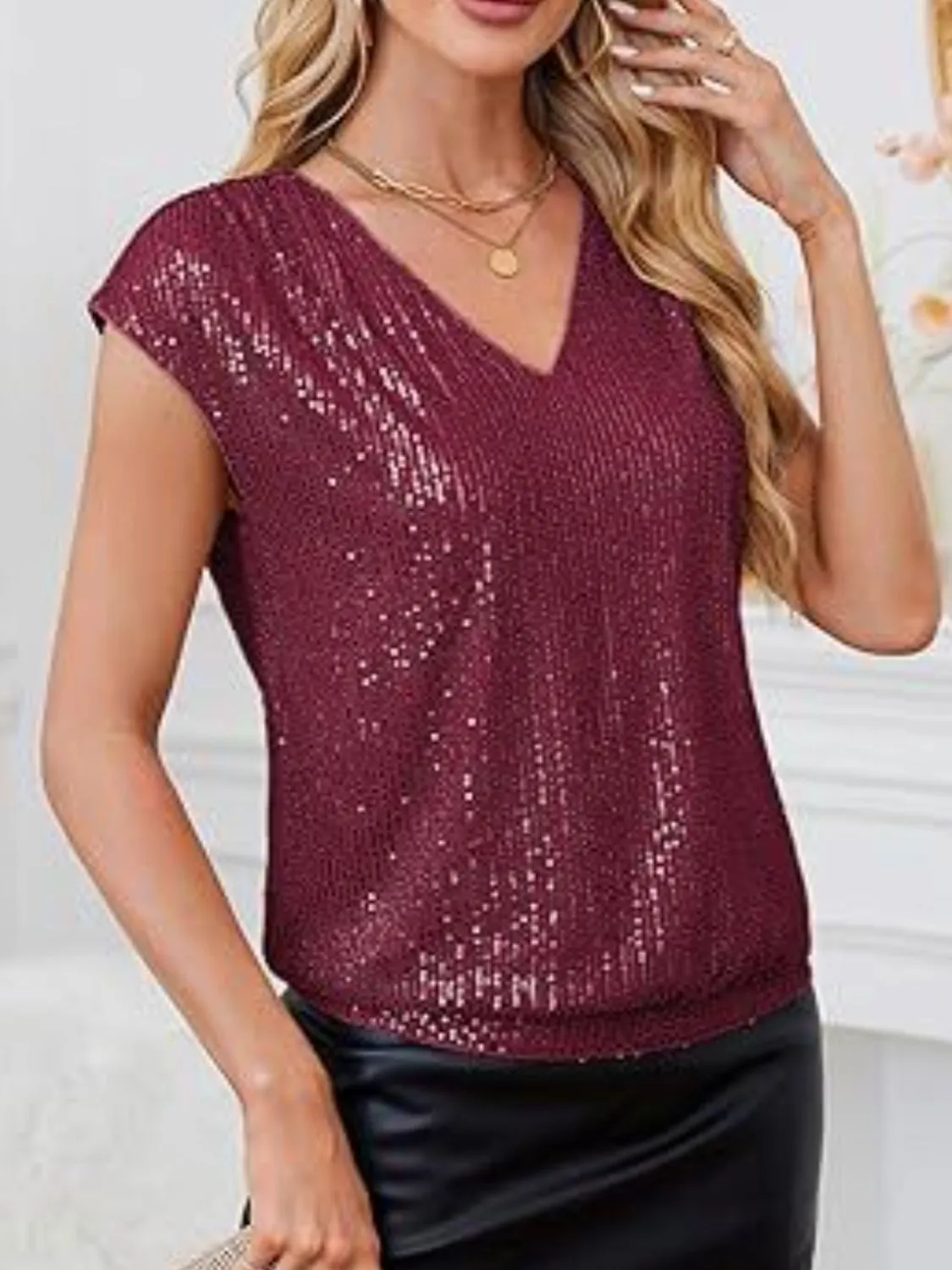 V-Neck Sequin Cap Sleeve Top - Image 13