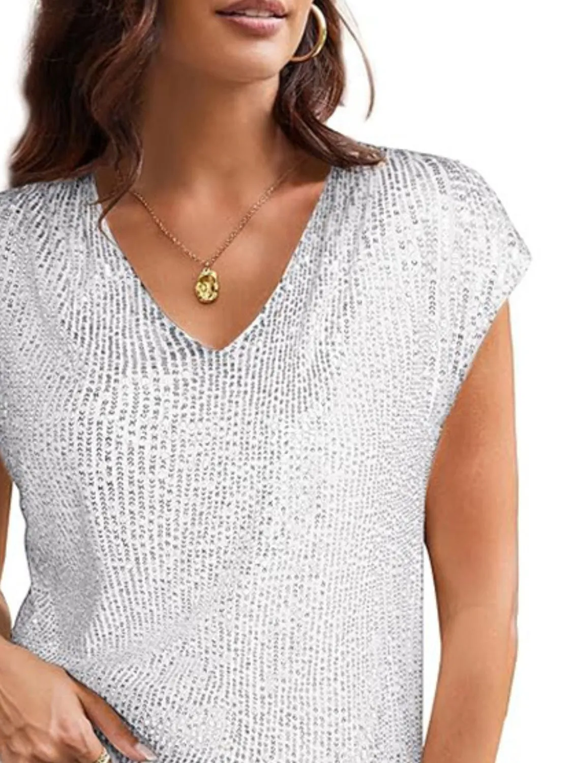 V-Neck Sequin Cap Sleeve Top - Image 6