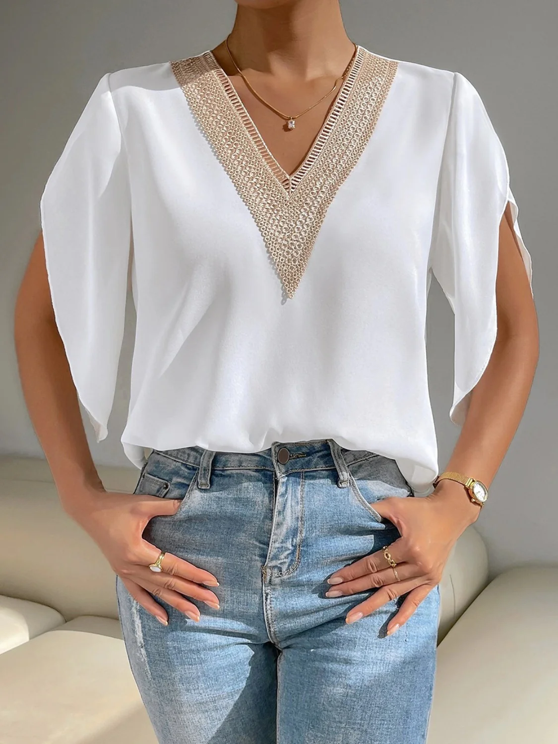 V-Neck Short Sleeve Blouse - Image 4
