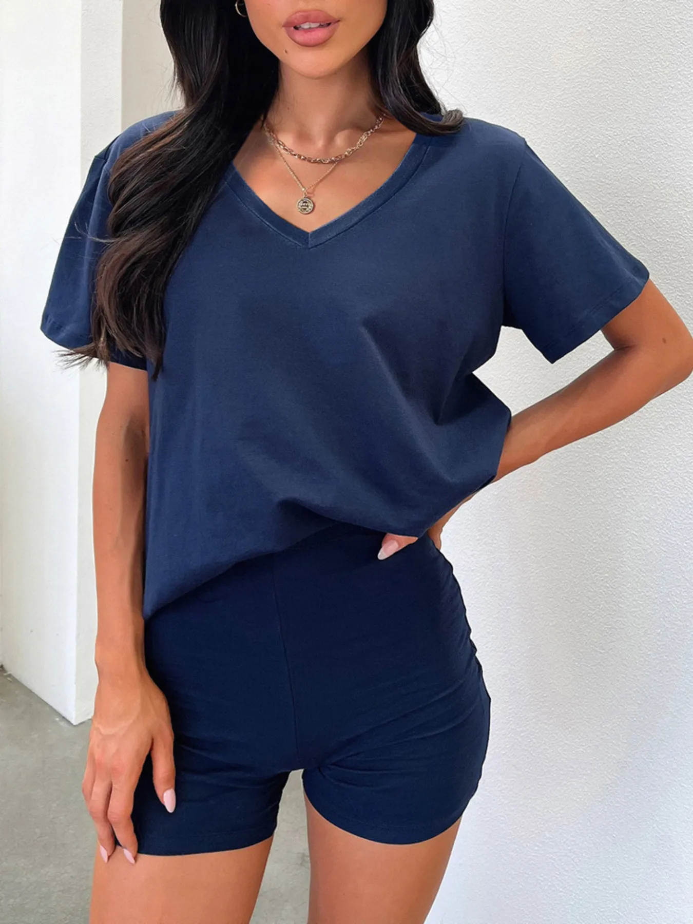 V-Neck Short Sleeve Top and Shorts Set - Image 2