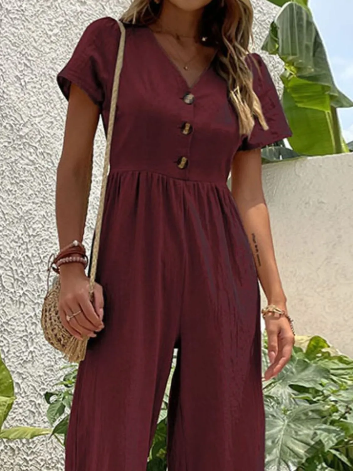 V-Neck Short Sleeve Wide Leg Jumpsuit - Image 14