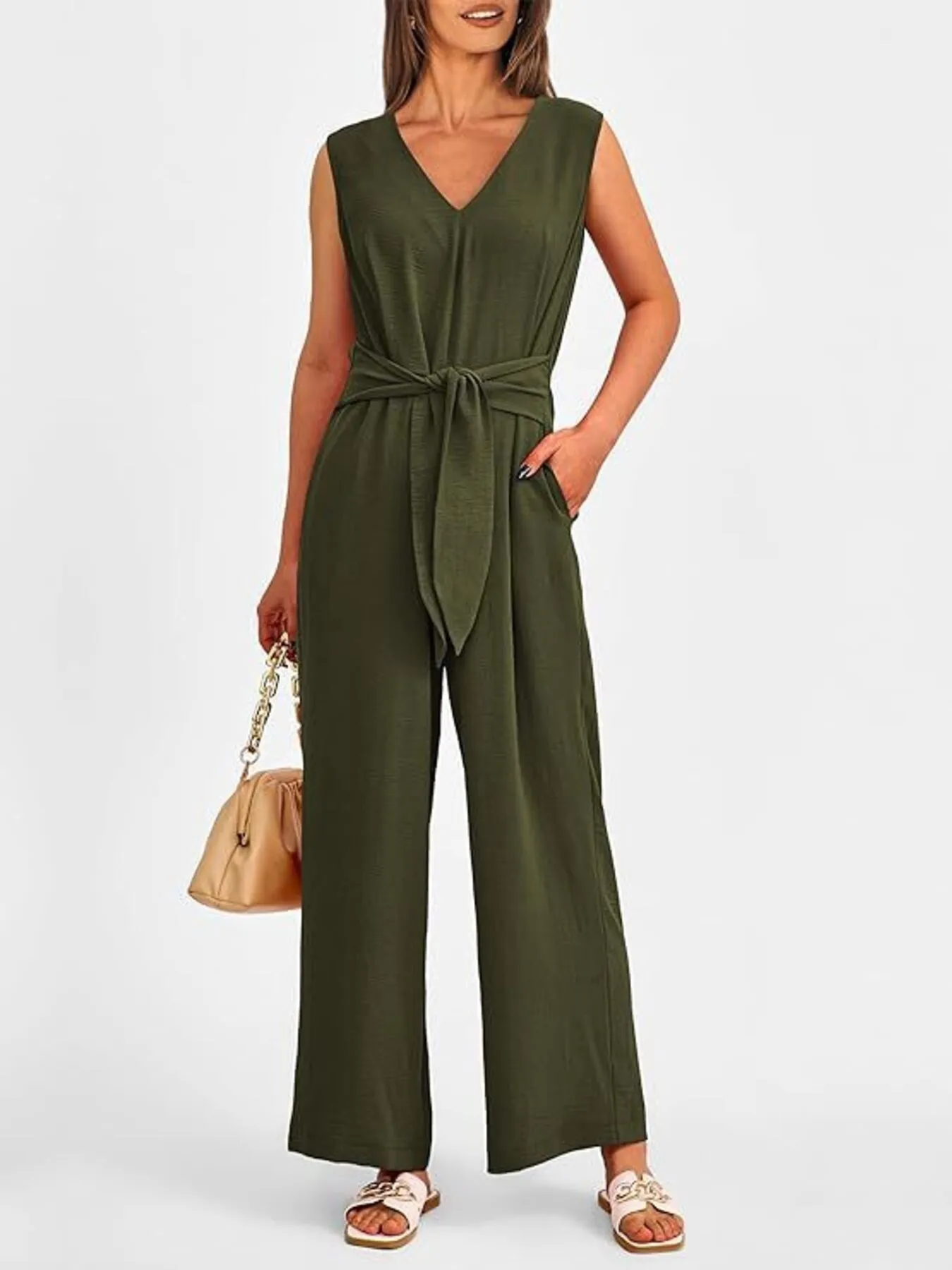 V-Neck Sleeveless Wide-Leg Jumpsuit with Waist Tie - Image 12