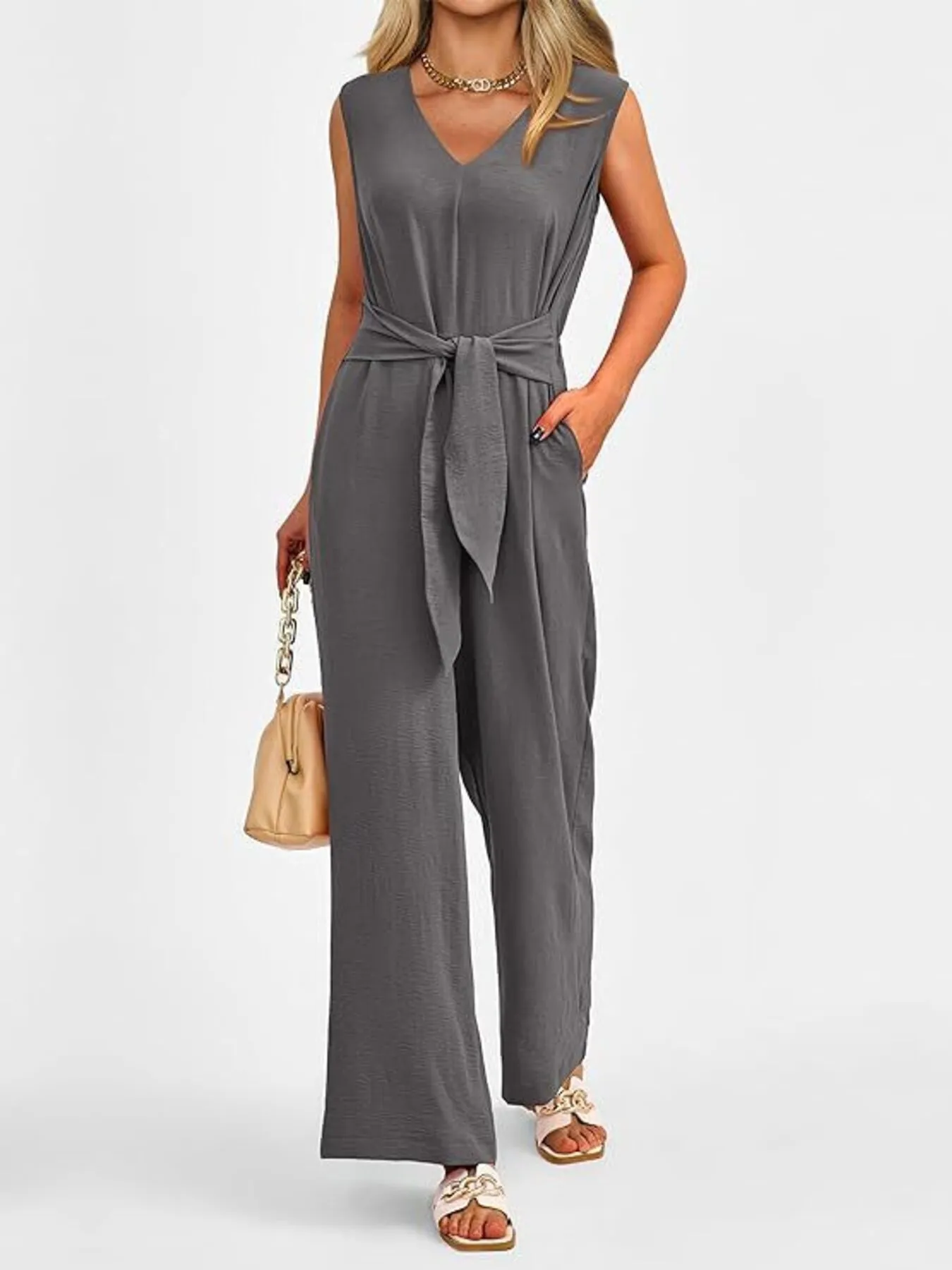 V-Neck Sleeveless Wide-Leg Jumpsuit with Waist Tie - Image 20