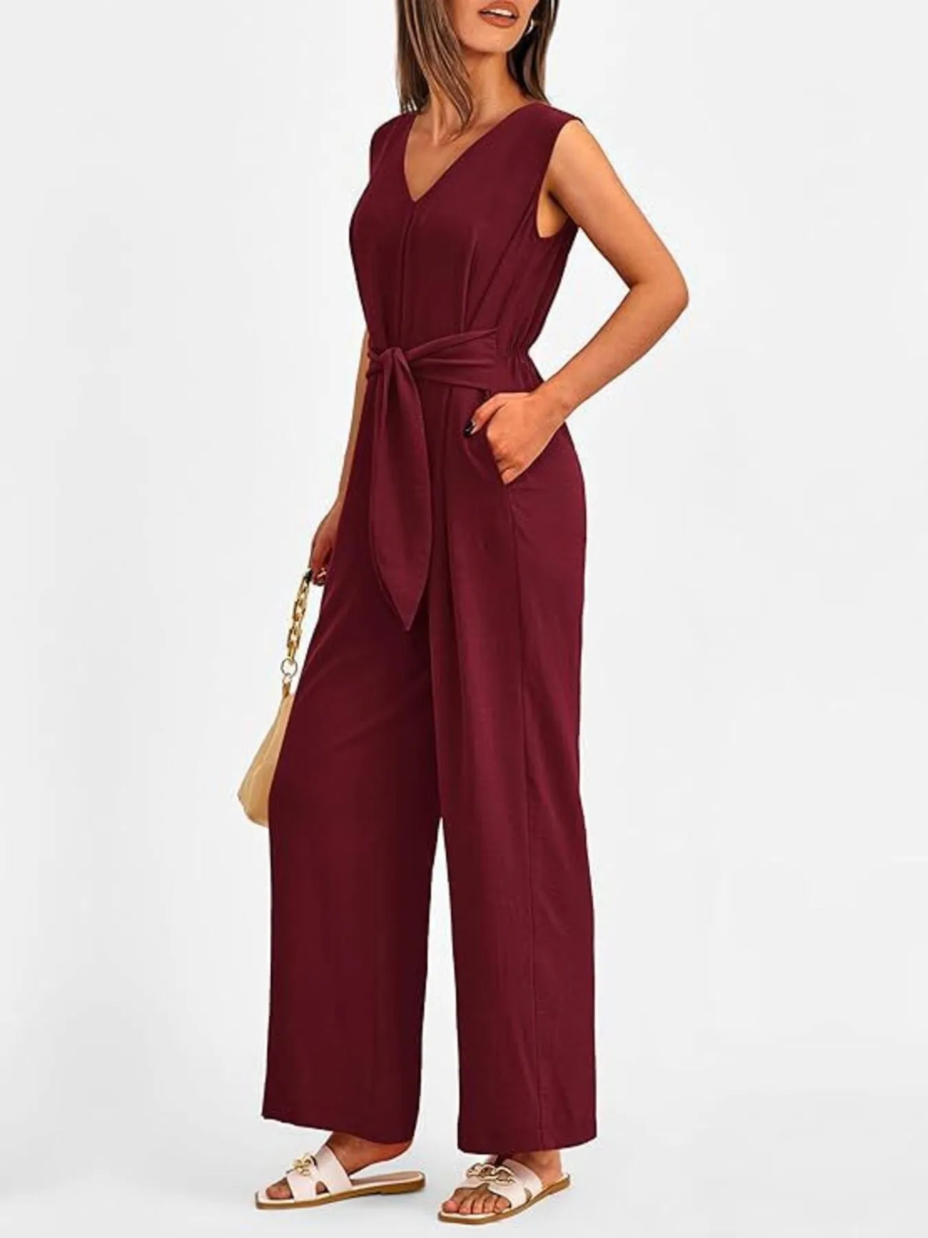 V-Neck Sleeveless Wide-Leg Jumpsuit with Waist Tie - Image 3