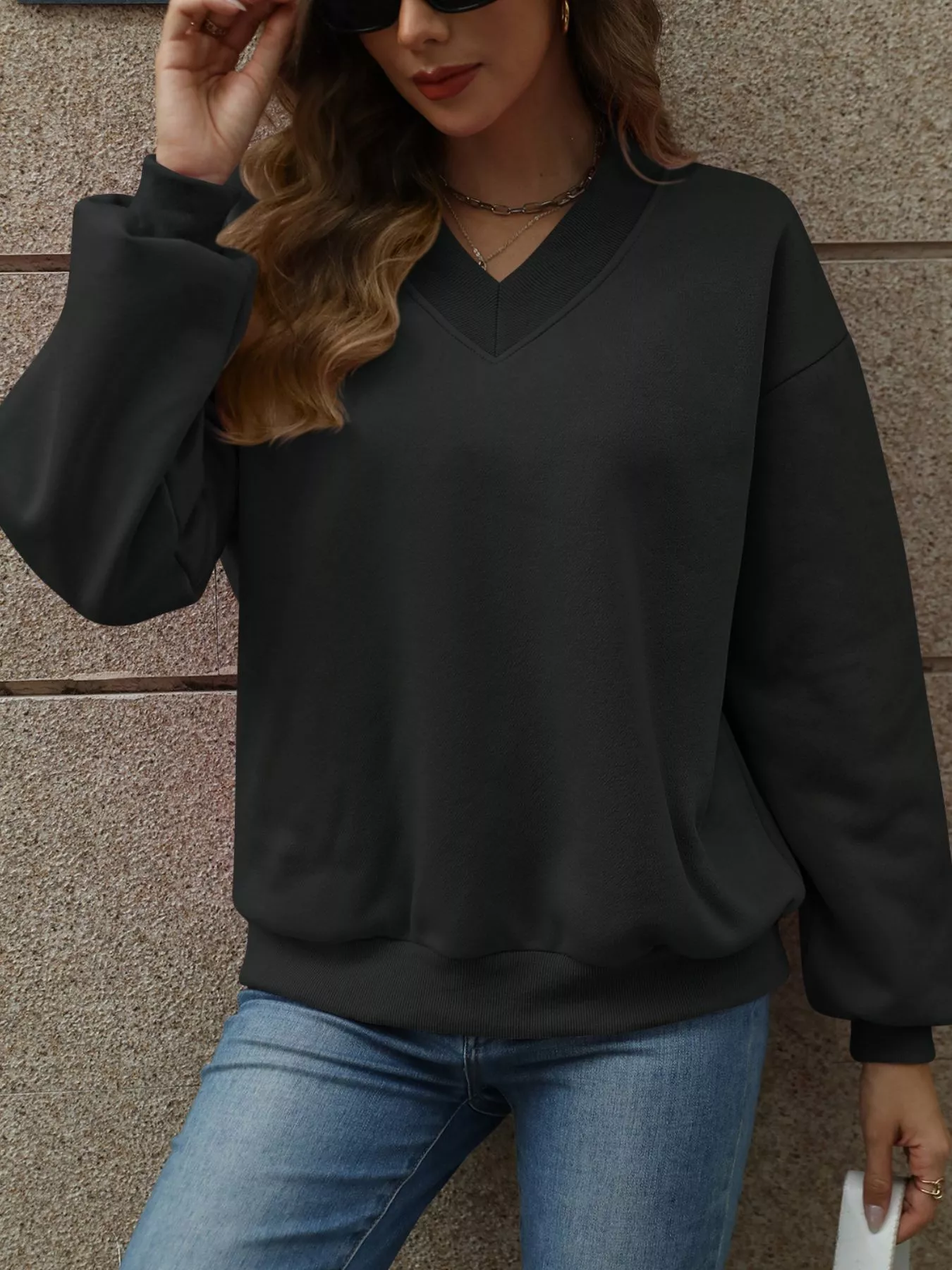 V-Neck Solid Color Casual Sweatshirt - Image 16