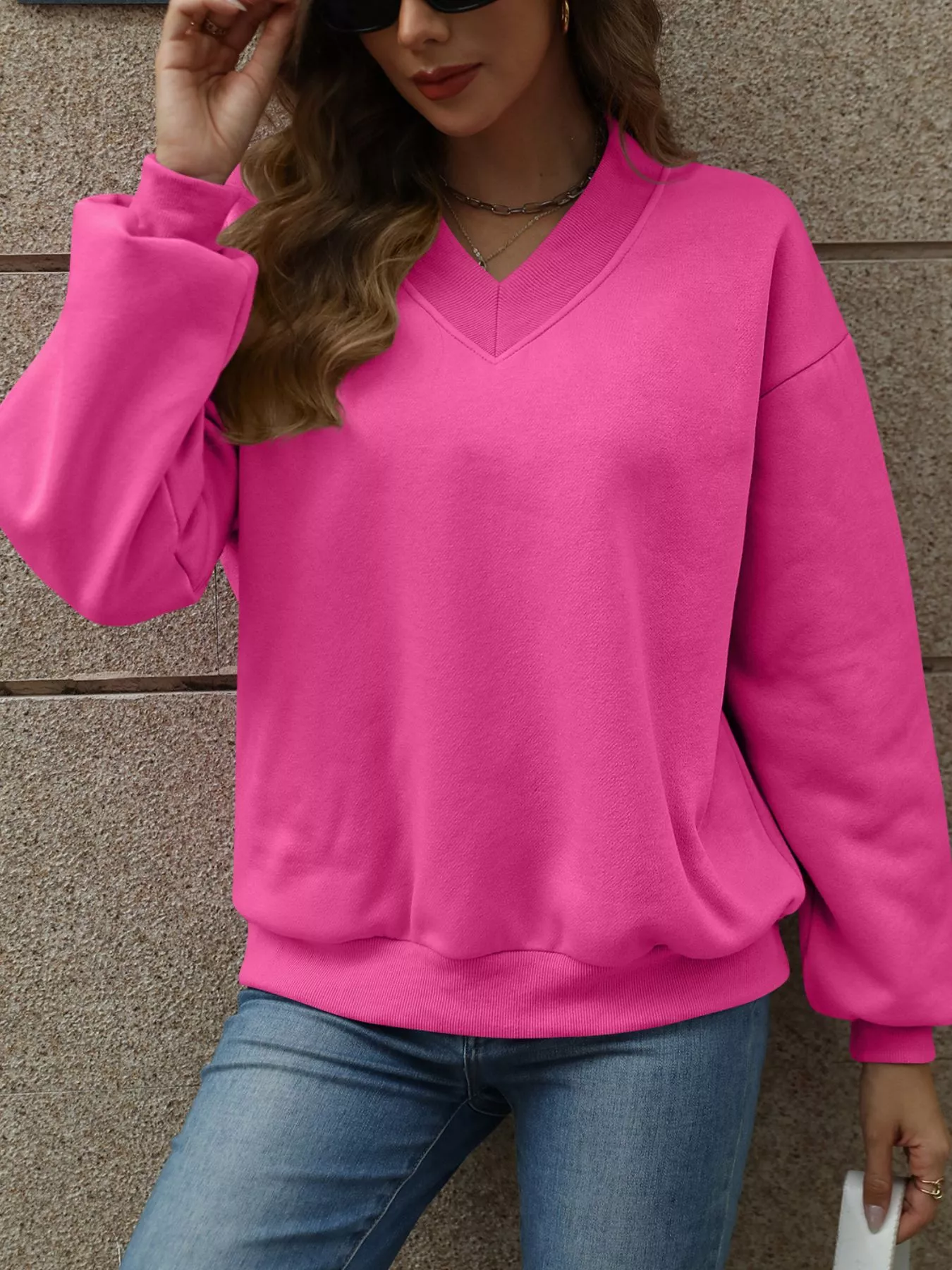 V-Neck Solid Color Casual Sweatshirt - Image 4