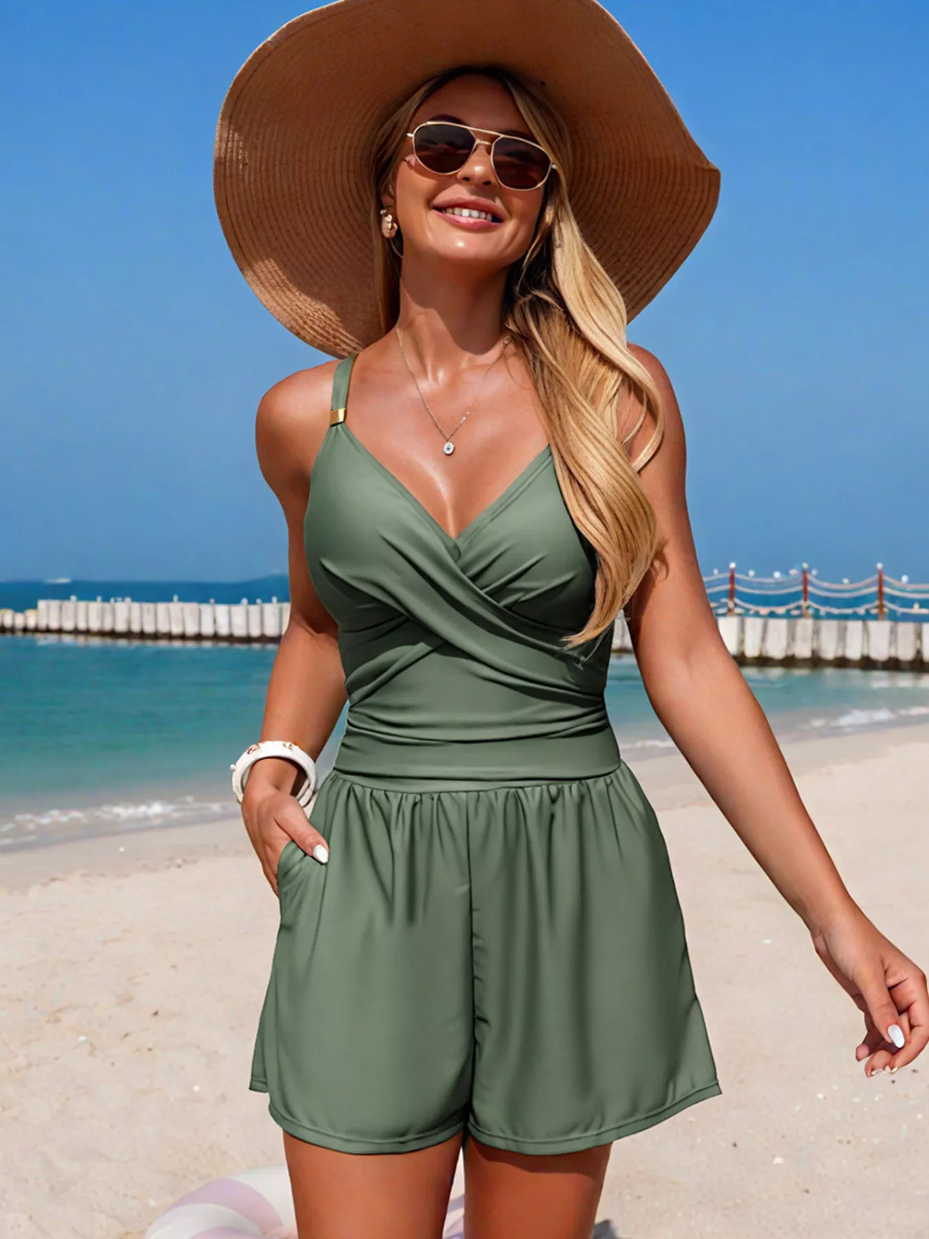 V-Neck Spaghetti Strap One-Piece Swimsuit - Image 8