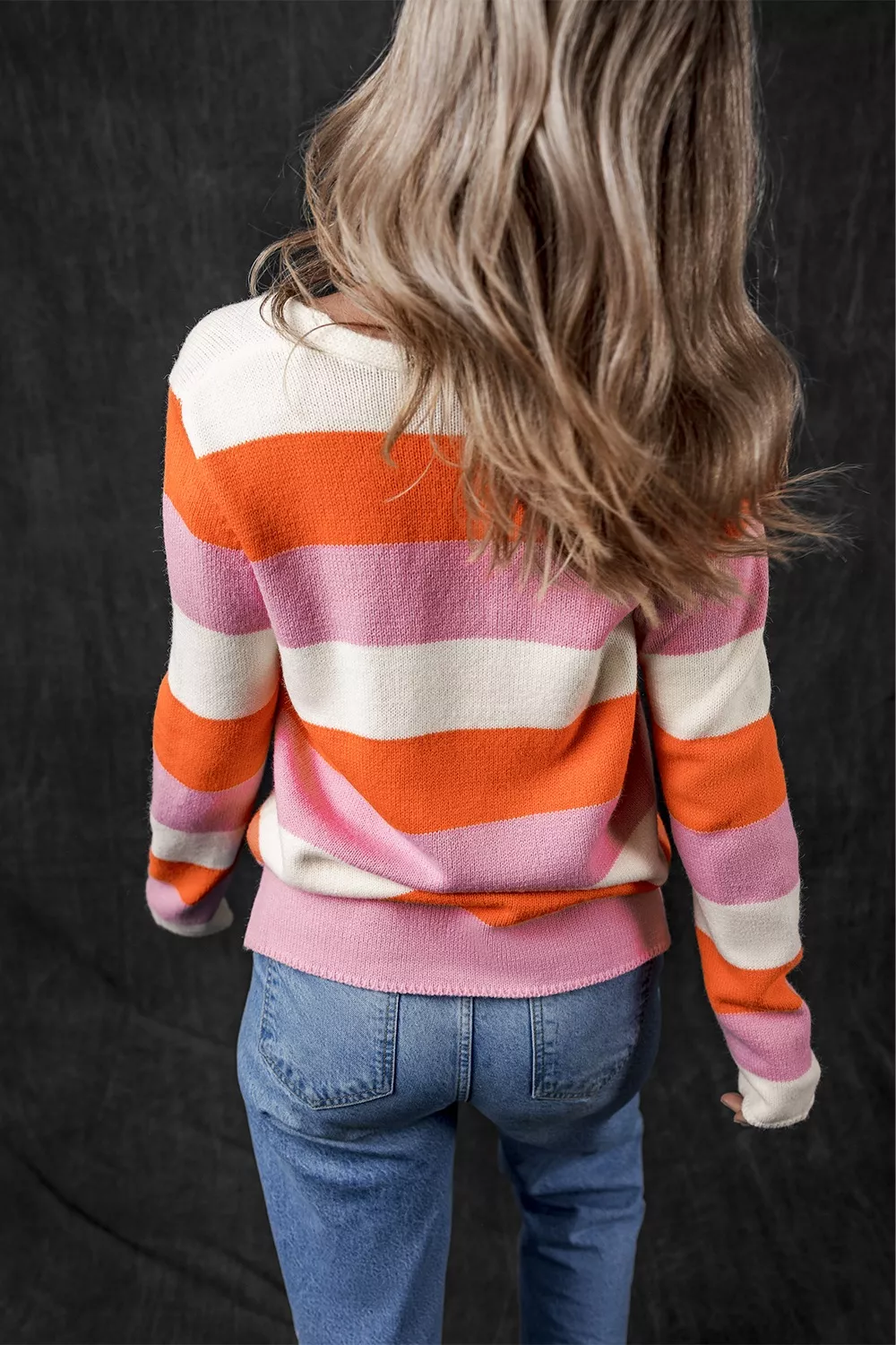 V-Neck Striped Color Block Knit Top - Image 3