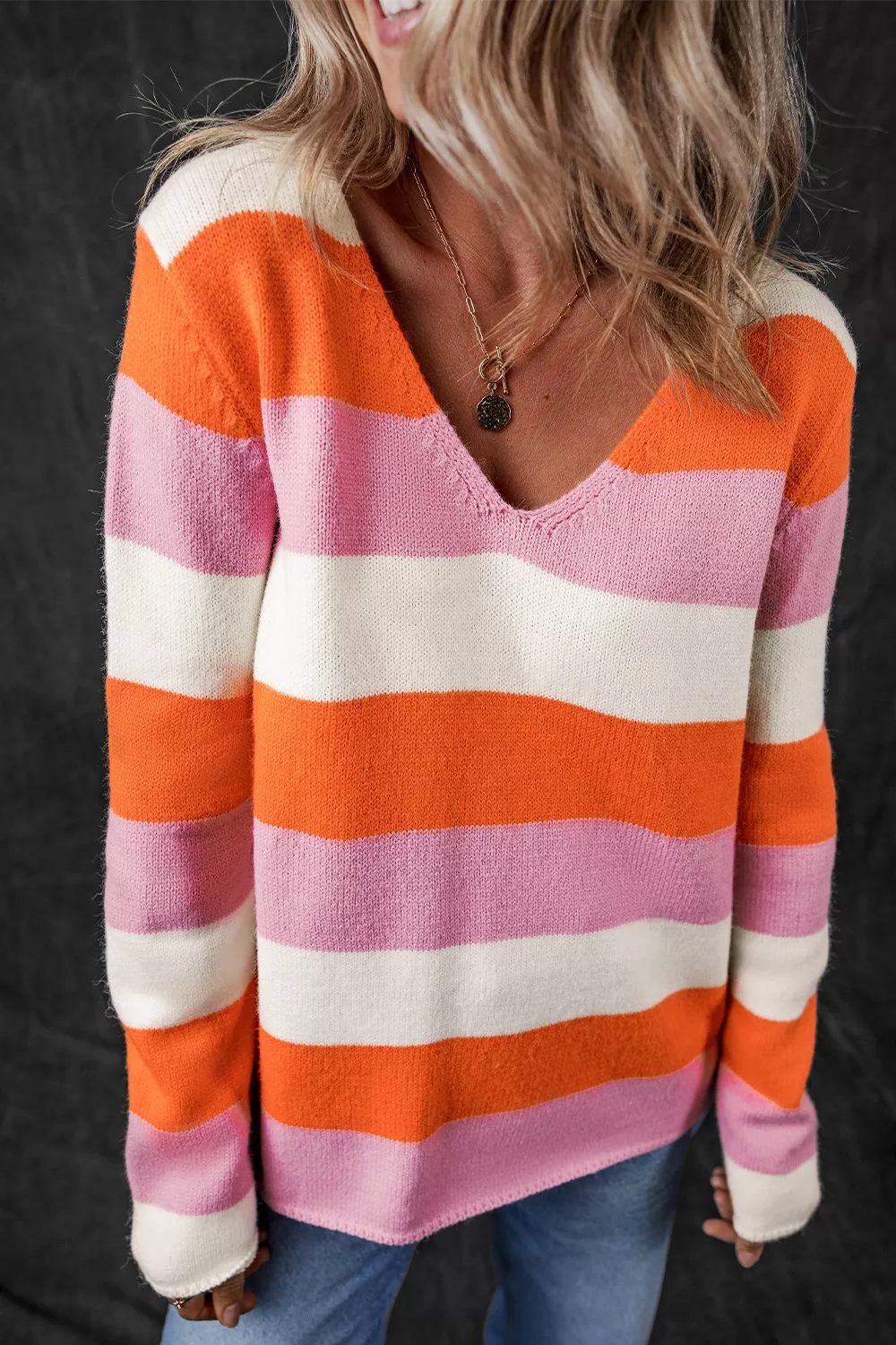 V-Neck Striped Color Block Knit Top - Image 5