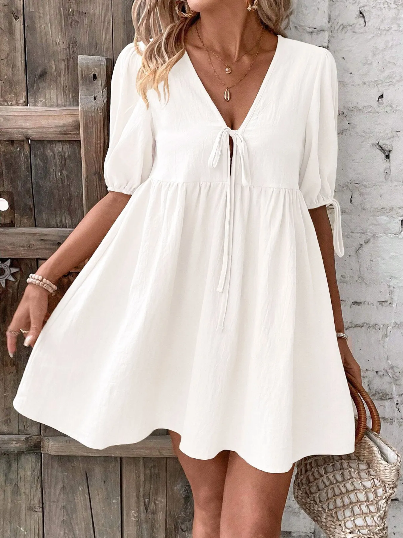 V-Neck Tie-Front Mini Dress with Puff Sleeves - Image 11