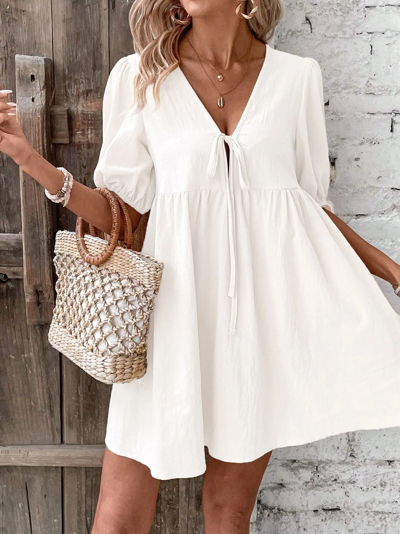 V-Neck Tie-Front Mini Dress with Puff Sleeves - Image 7
