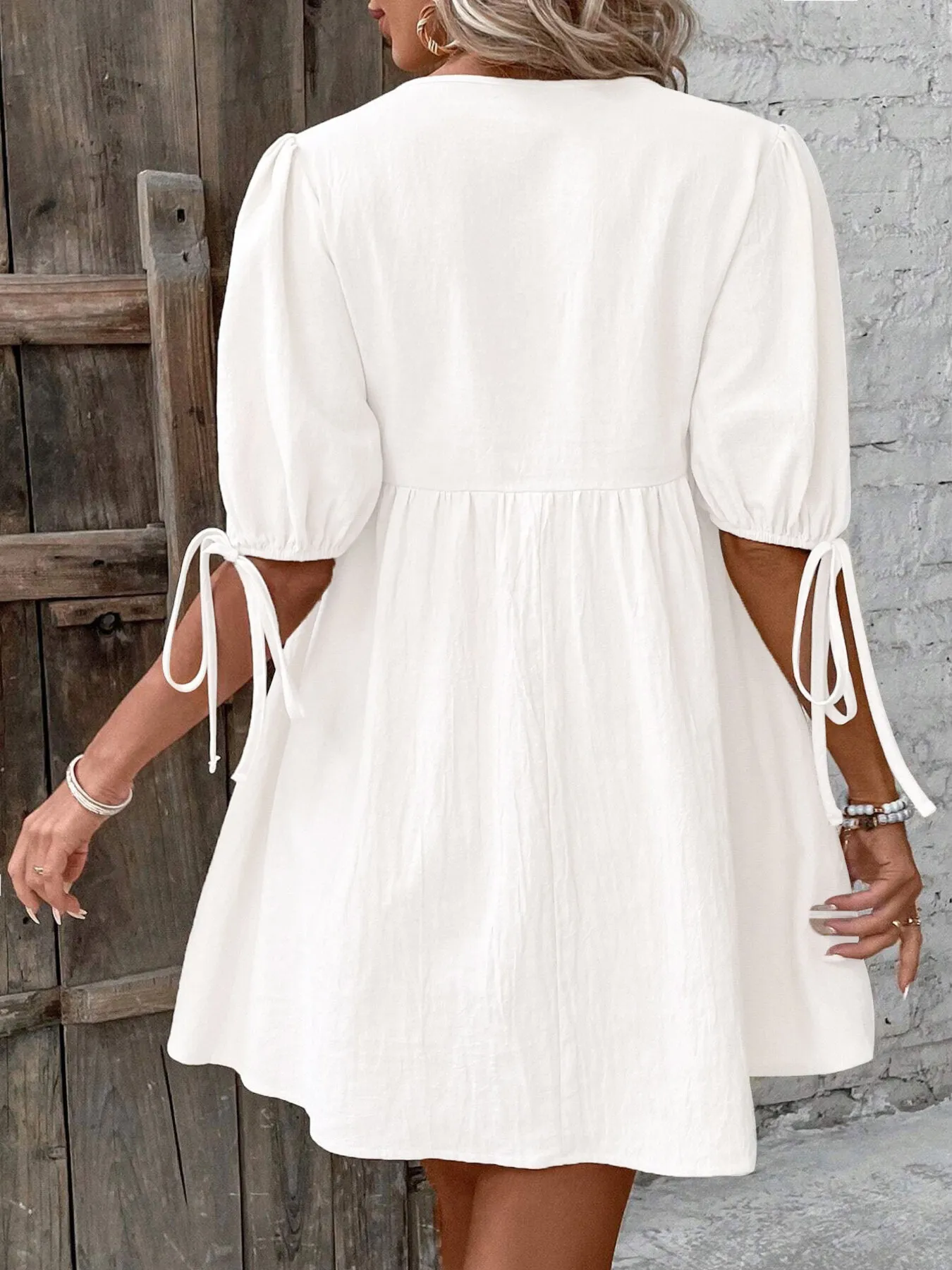 V-Neck Tie-Front Mini Dress with Puff Sleeves - Image 8