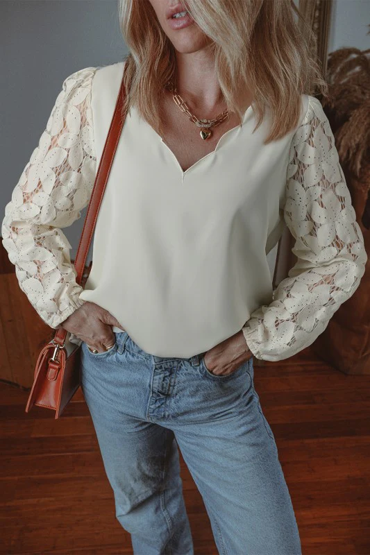 V Neckline Lace Hollowed Lantern Sleeve Blouse