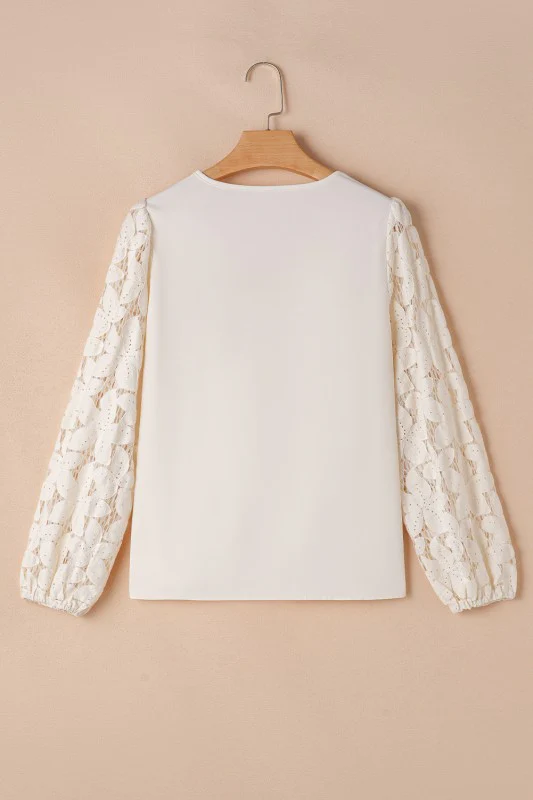 V Neckline Lace Hollowed Lantern Sleeve Blouse - Image 13