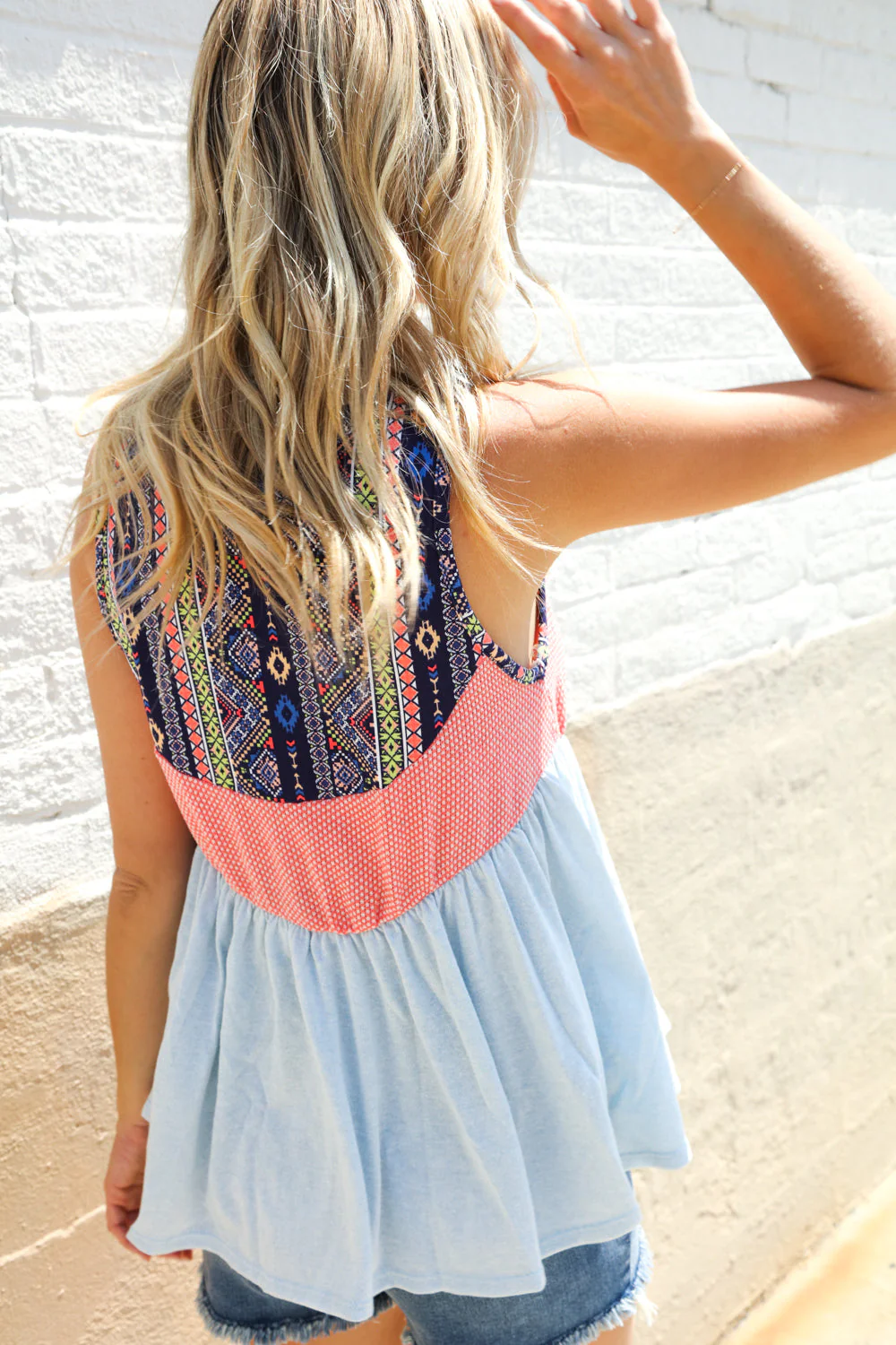Vacay Vibes Coral/Blue Boho Print Color Block Sleeveless Top - Image 2