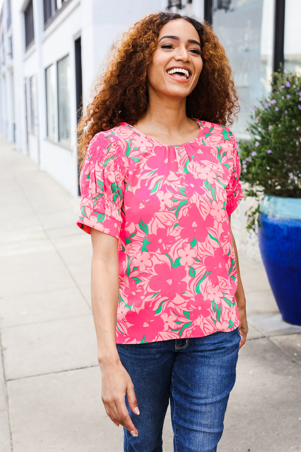 Vacay Vibes Floral Back Keyhole Short Smocked Banded Sleeve Top - Image 18