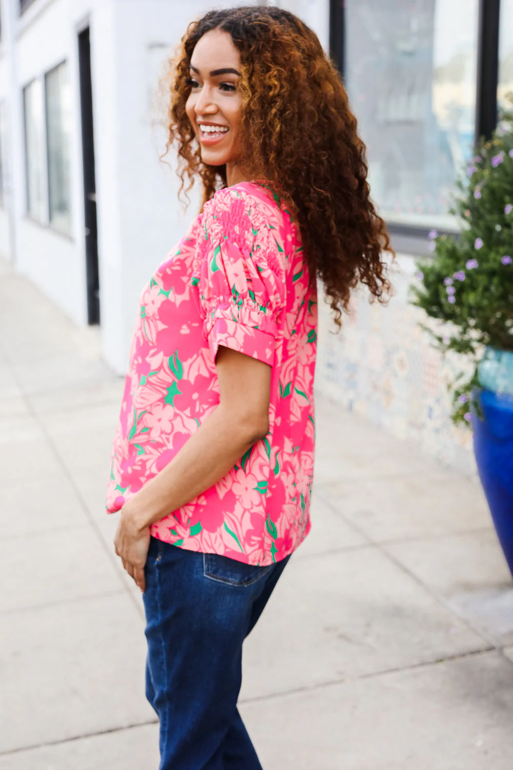Vacay Vibes Floral Back Keyhole Short Smocked Banded Sleeve Top - Image 5