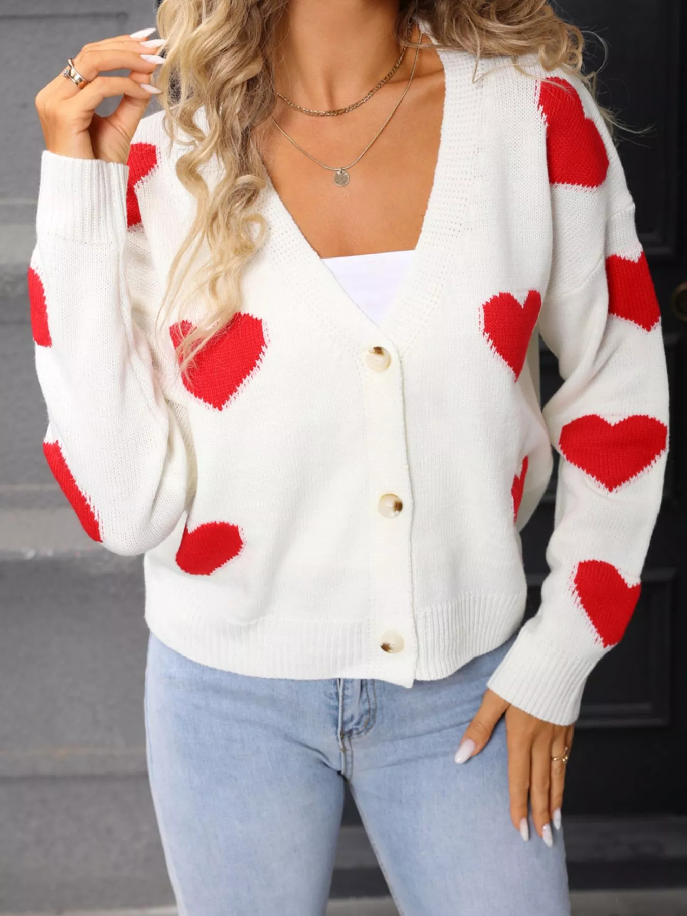 Valentine's Day Heart Pattern Button-Up Knit Cardigan - Image 2