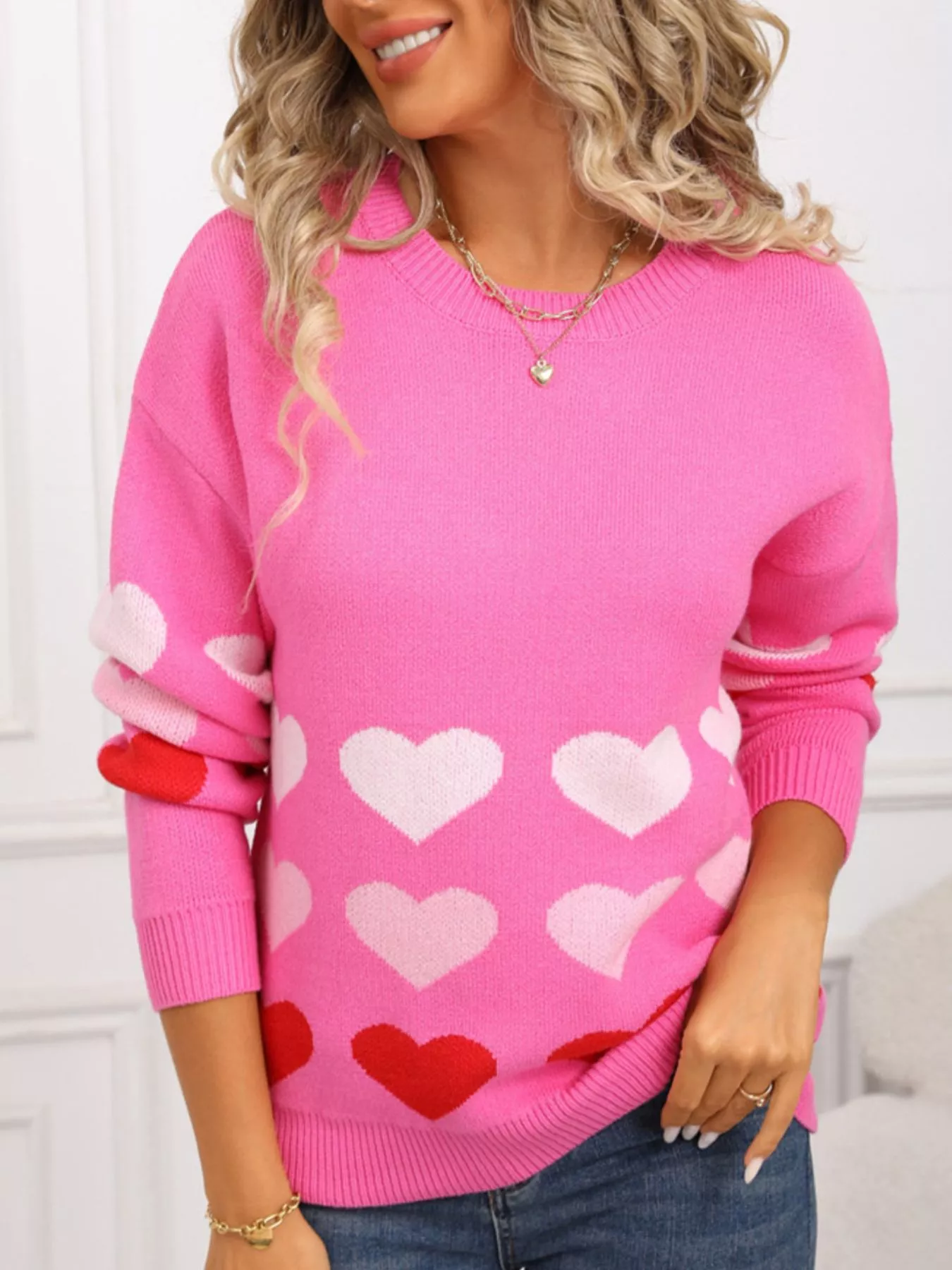 Valentine's Day Heart Pattern Crew Neck Sweater - Image 10