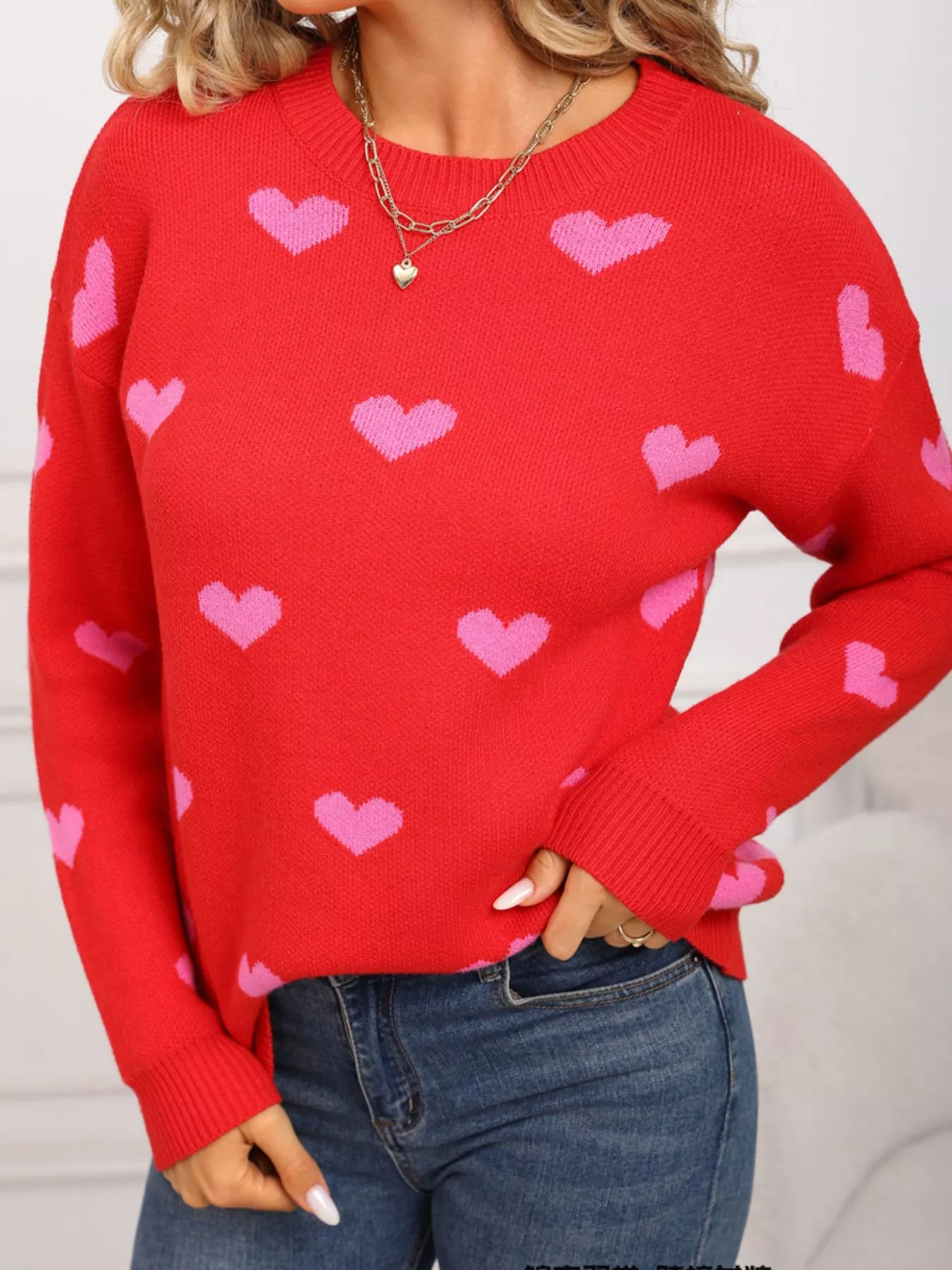 Valentine's Day Heart Pattern Dropped Shoulder Sweater - Image 14