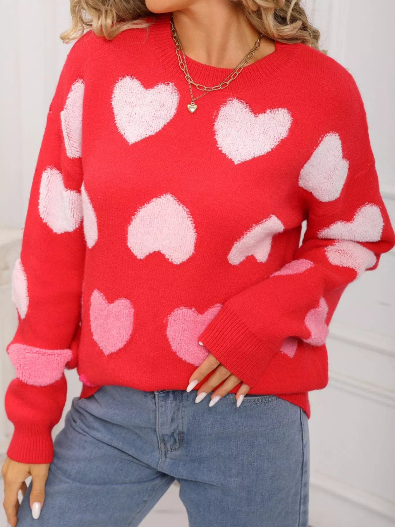 Valentine's Day Heart Pattern Fuzzy Knit Sweater - Image 12