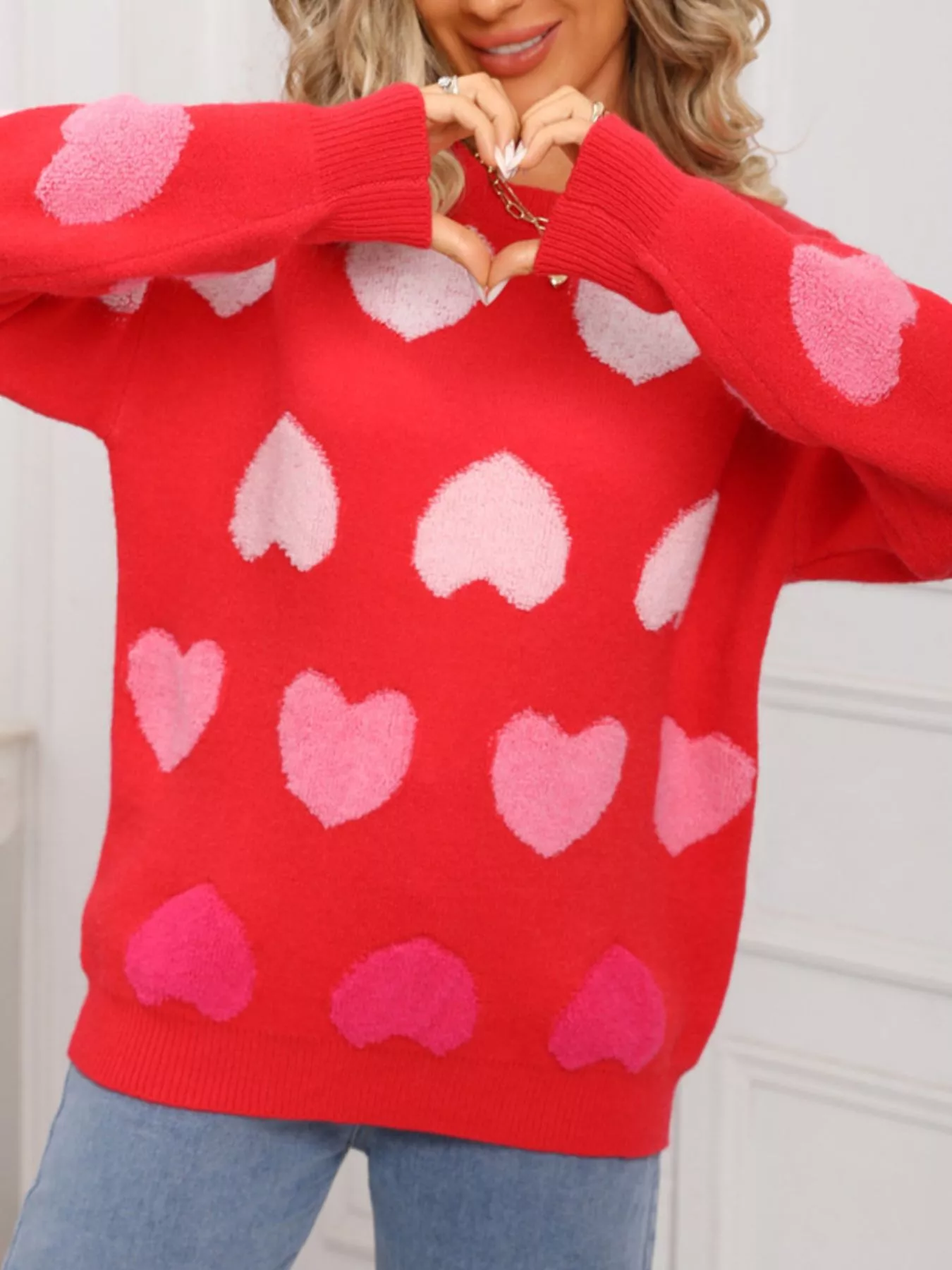 Valentine's Day Heart Pattern Fuzzy Knit Sweater - Image 13