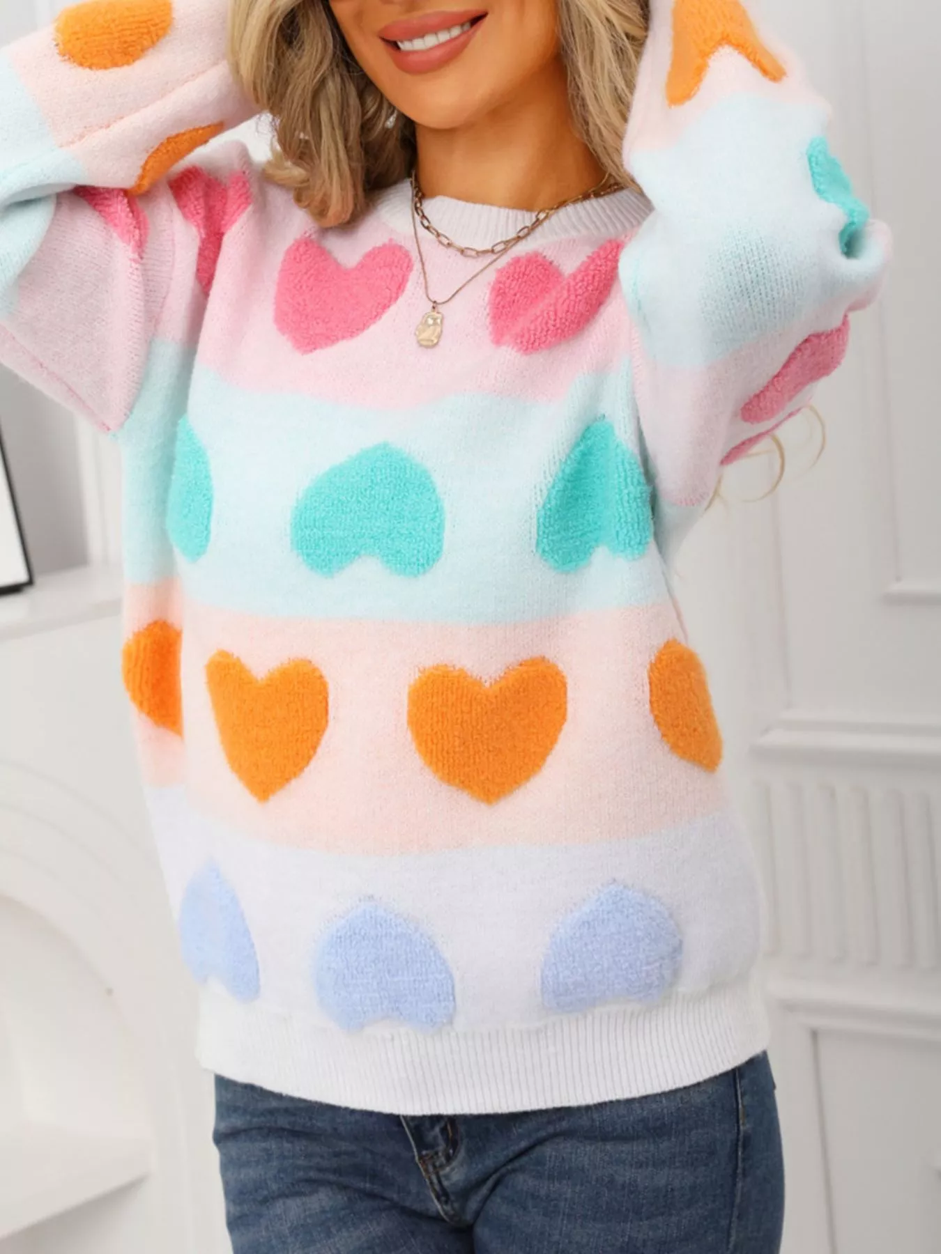 Valentine's Day Heart Pattern Fuzzy Knit Sweater - Image 3