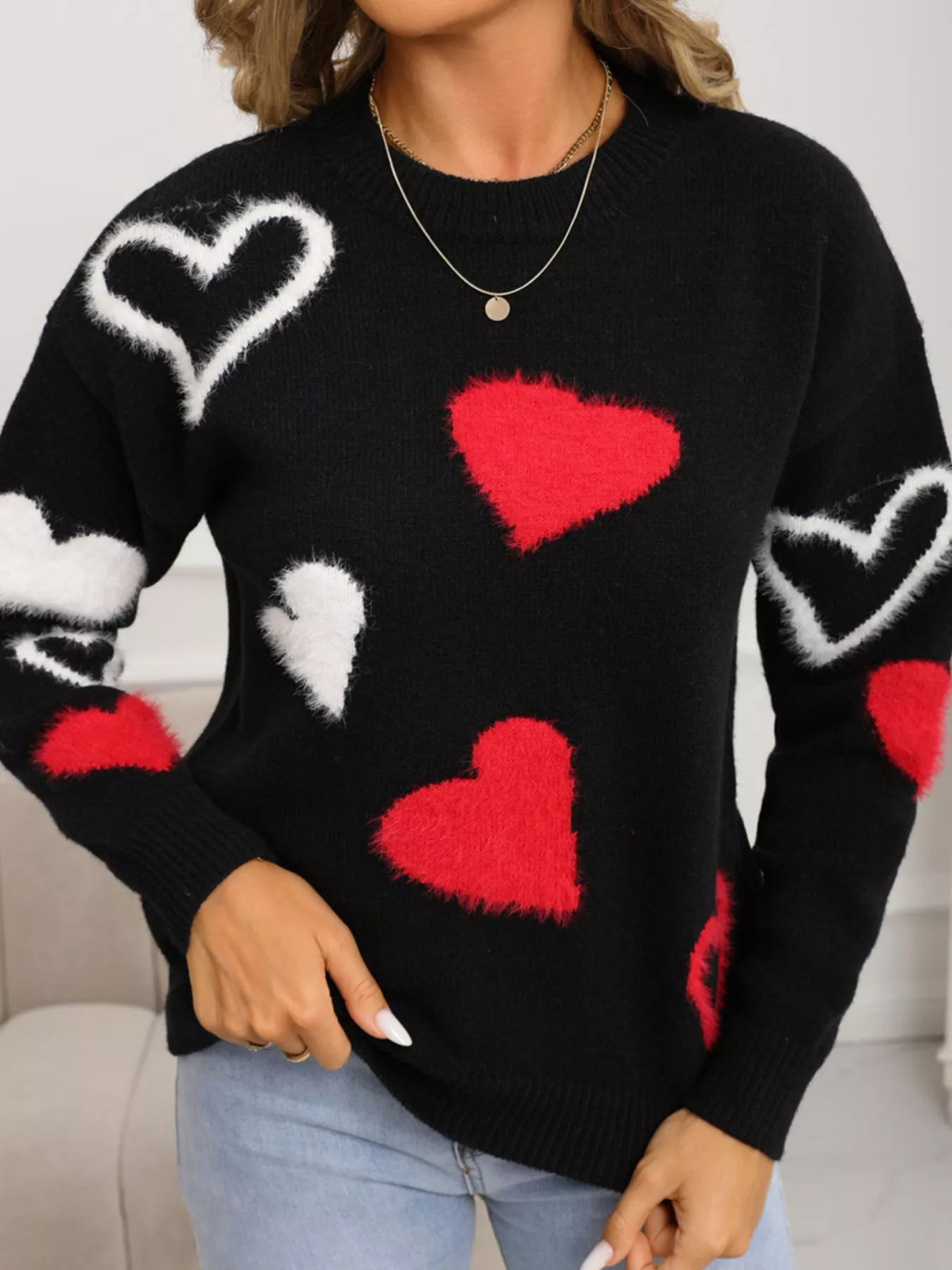 Valentine's Day Heart Pattern Knit Sweater - Image 3