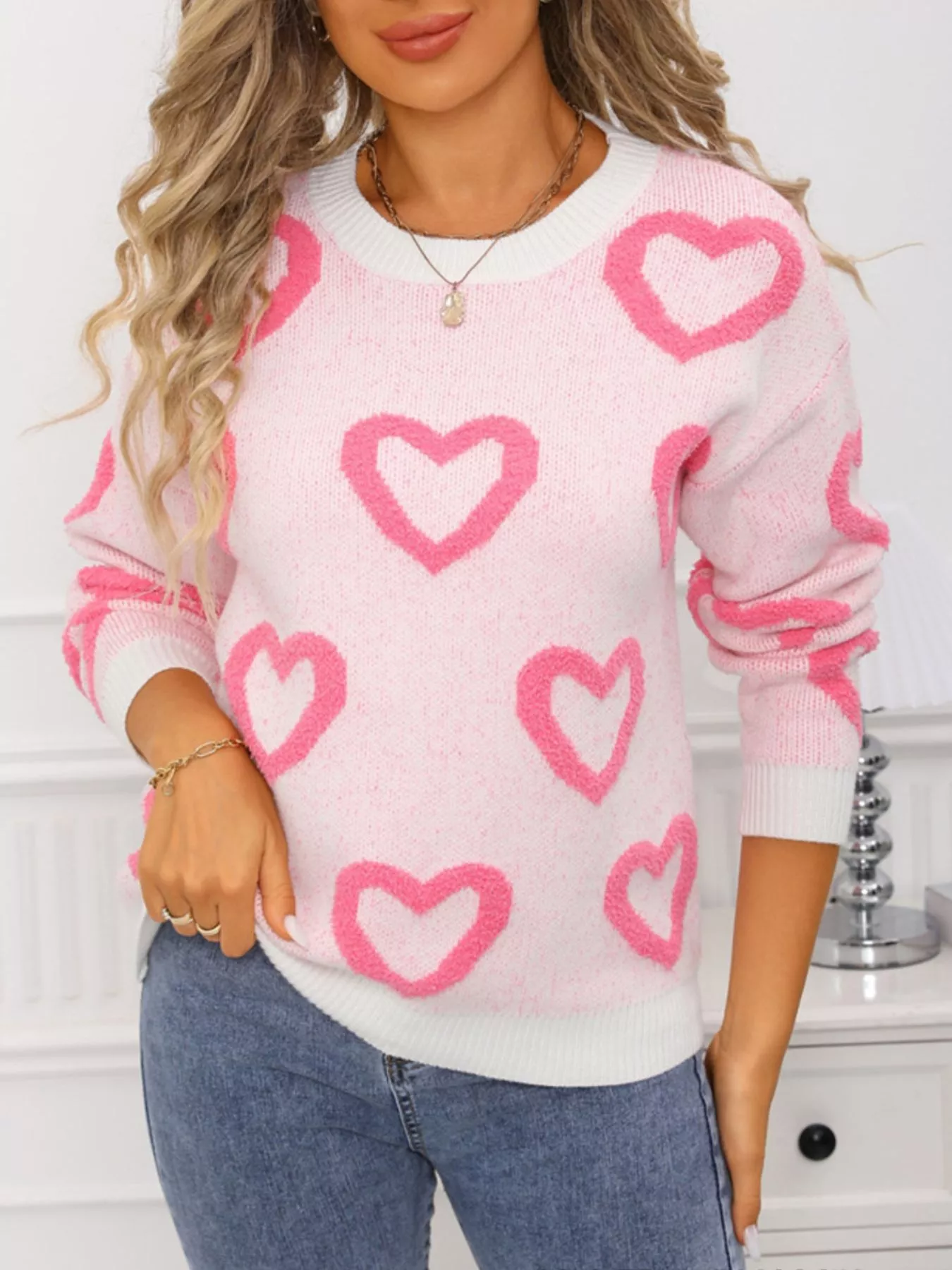 Valentine's Day Heart Pattern Round Neck Sweater - Image 5