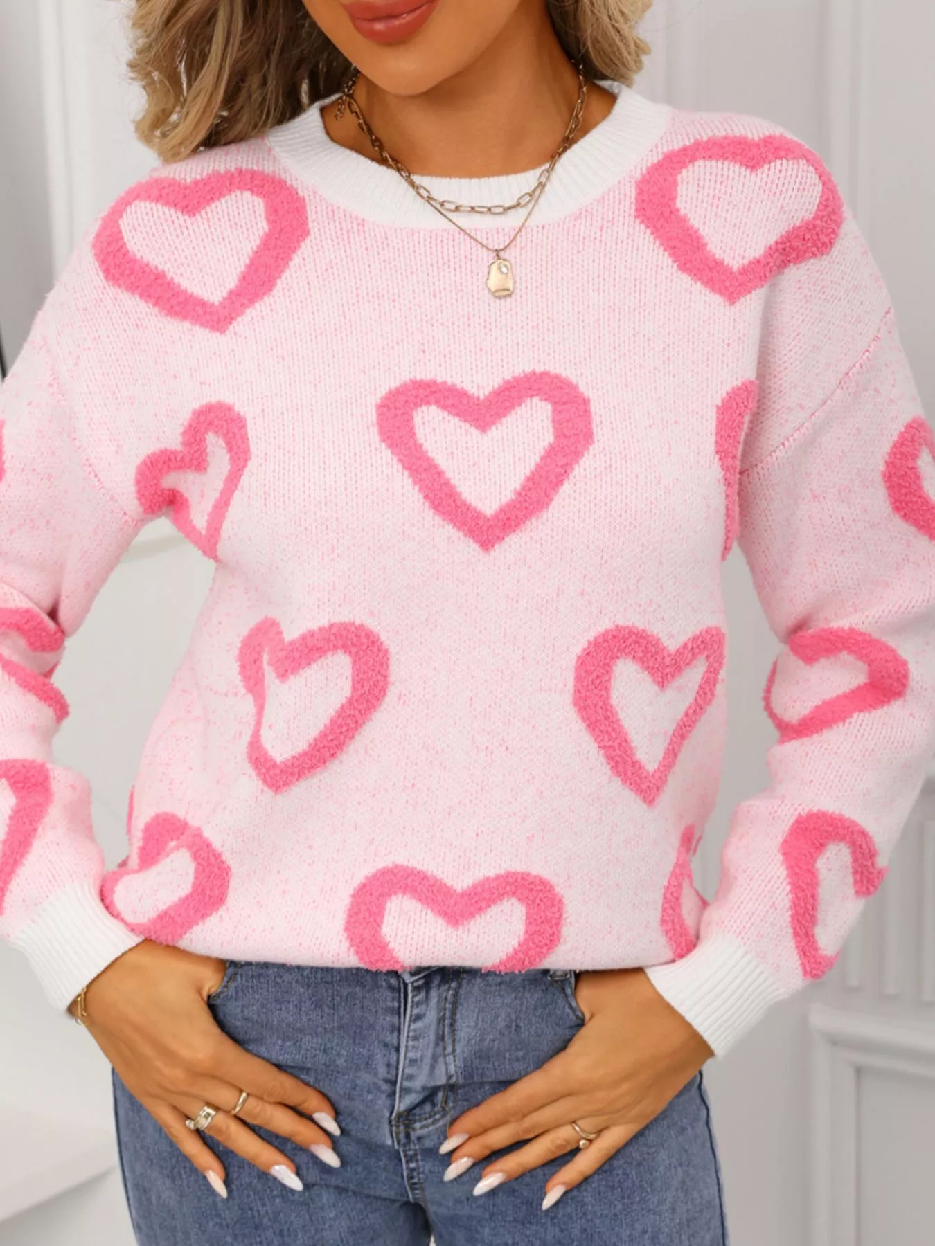 Valentine's Day Heart Pattern Round Neck Sweater - Image 7