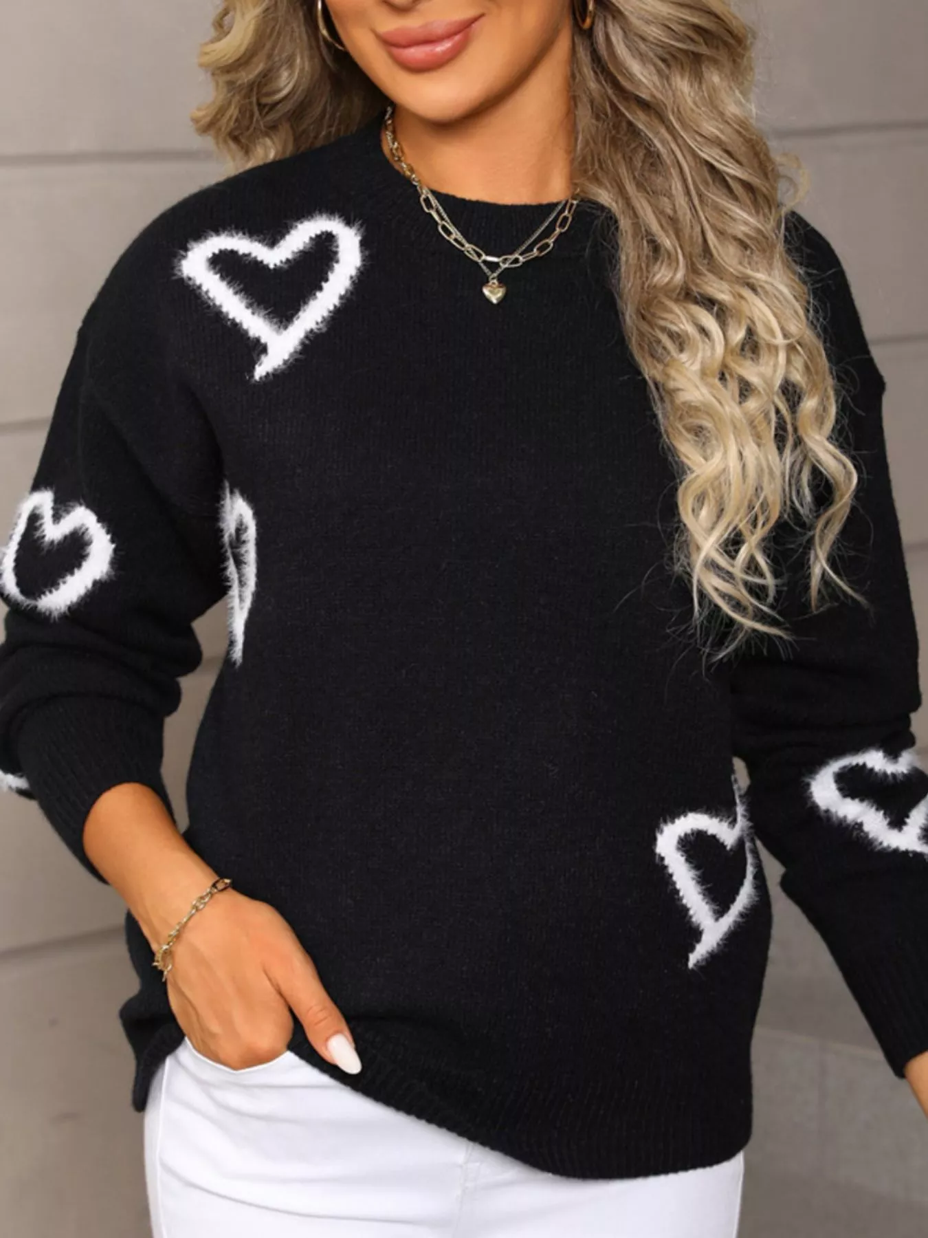 Valentine's Day Heart Print Crew Neck Sweater - Image 5