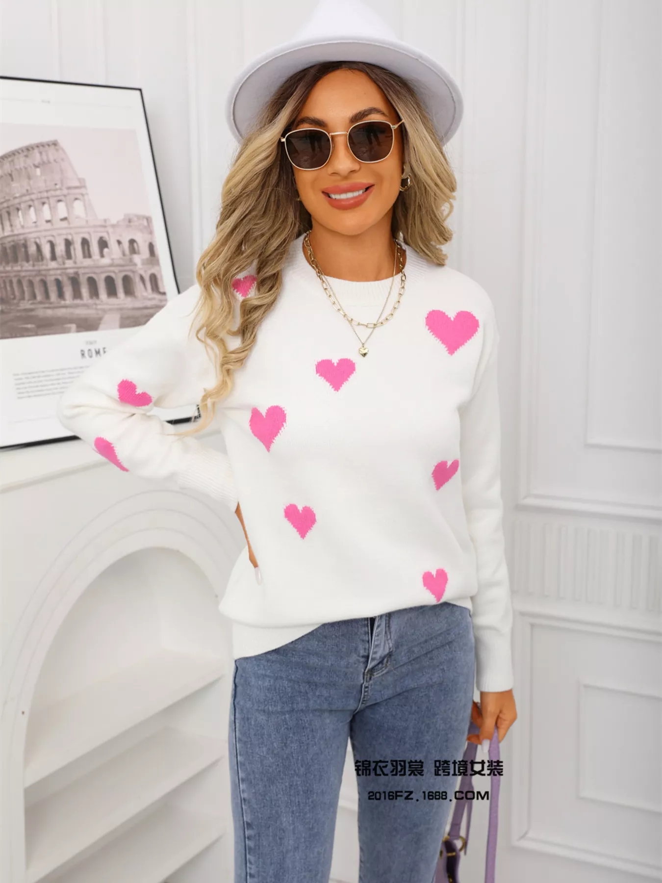 Valentine's Day Heart Print Round Neck Sweater - Image 16