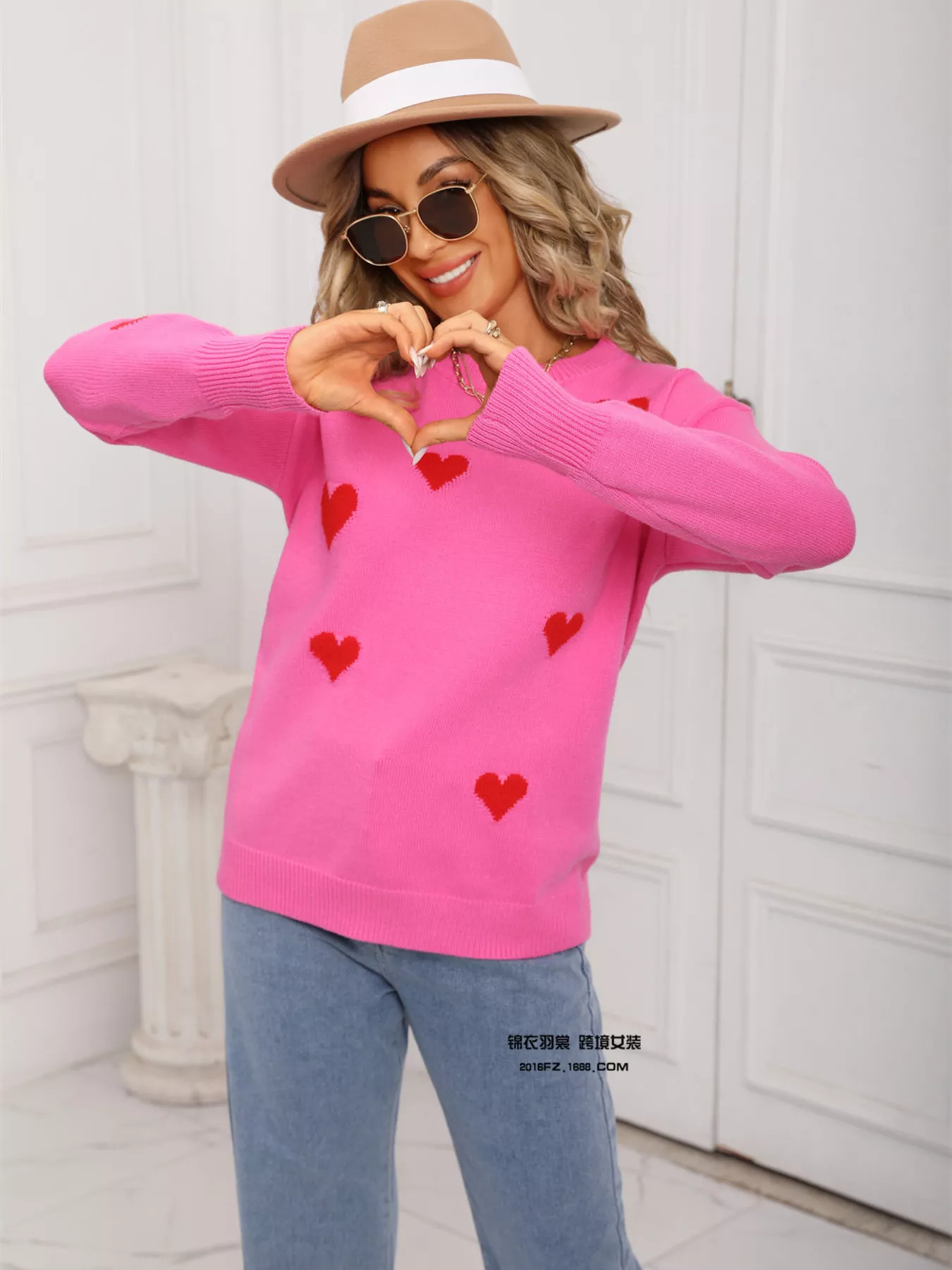 Valentine's Day Heart Print Round Neck Sweater - Image 9