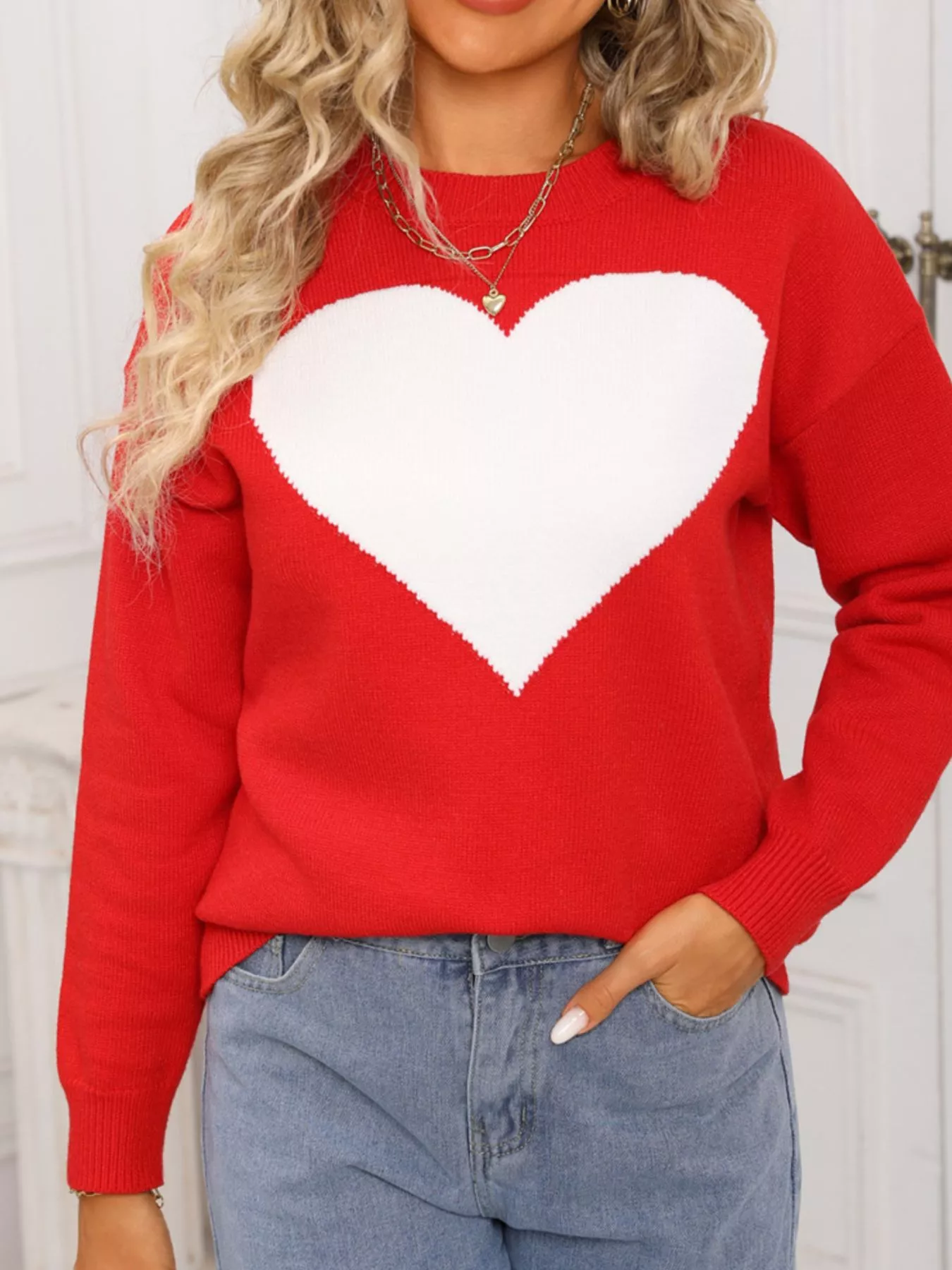 Valentine's Day Heart Round Neck Dropped Shoulder Sweater - Image 10