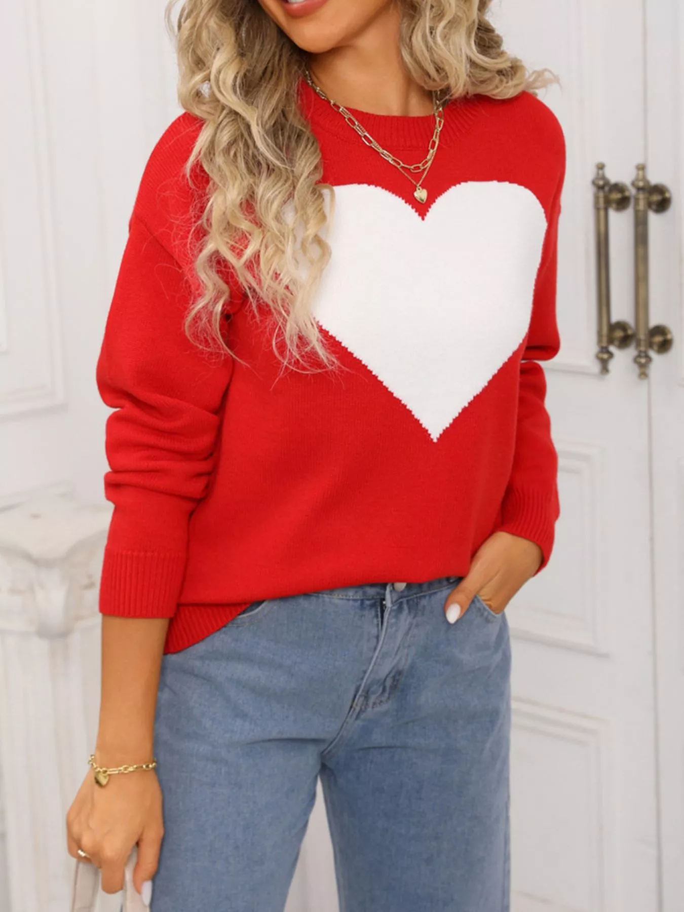 Valentine's Day Heart Round Neck Dropped Shoulder Sweater - Image 9