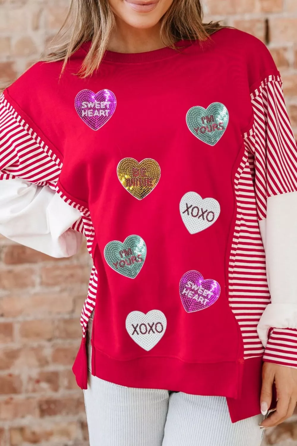 Valentines Day Sequin Heart Striped Color Block Patchwork Sweatshirt - Image 3