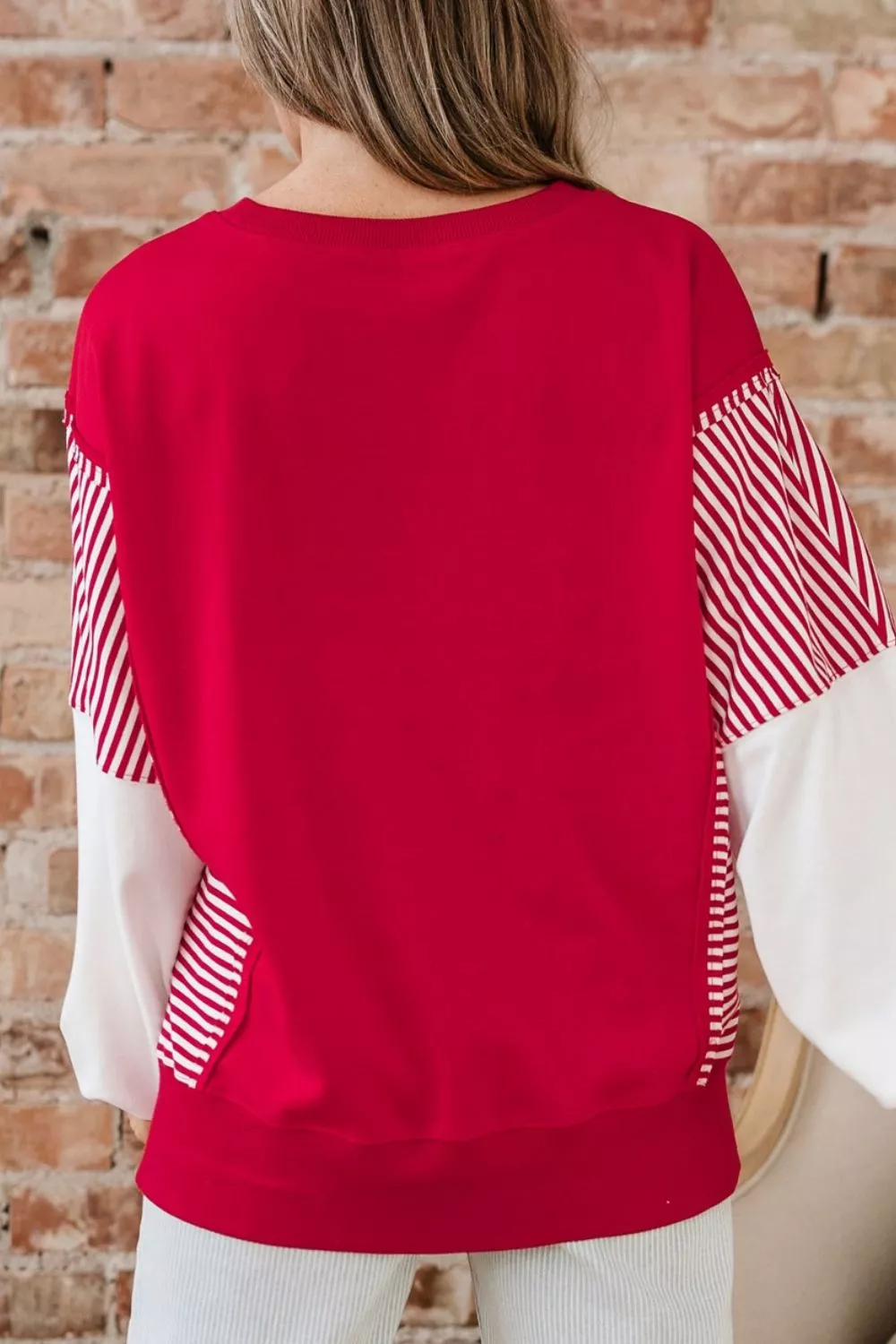 Valentines Day Sequin Heart Striped Color Block Patchwork Sweatshirt - Image 4
