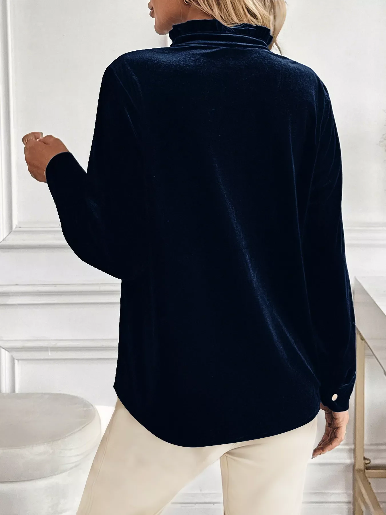 Velvet Button Front Long Sleeve Blouse - Image 6
