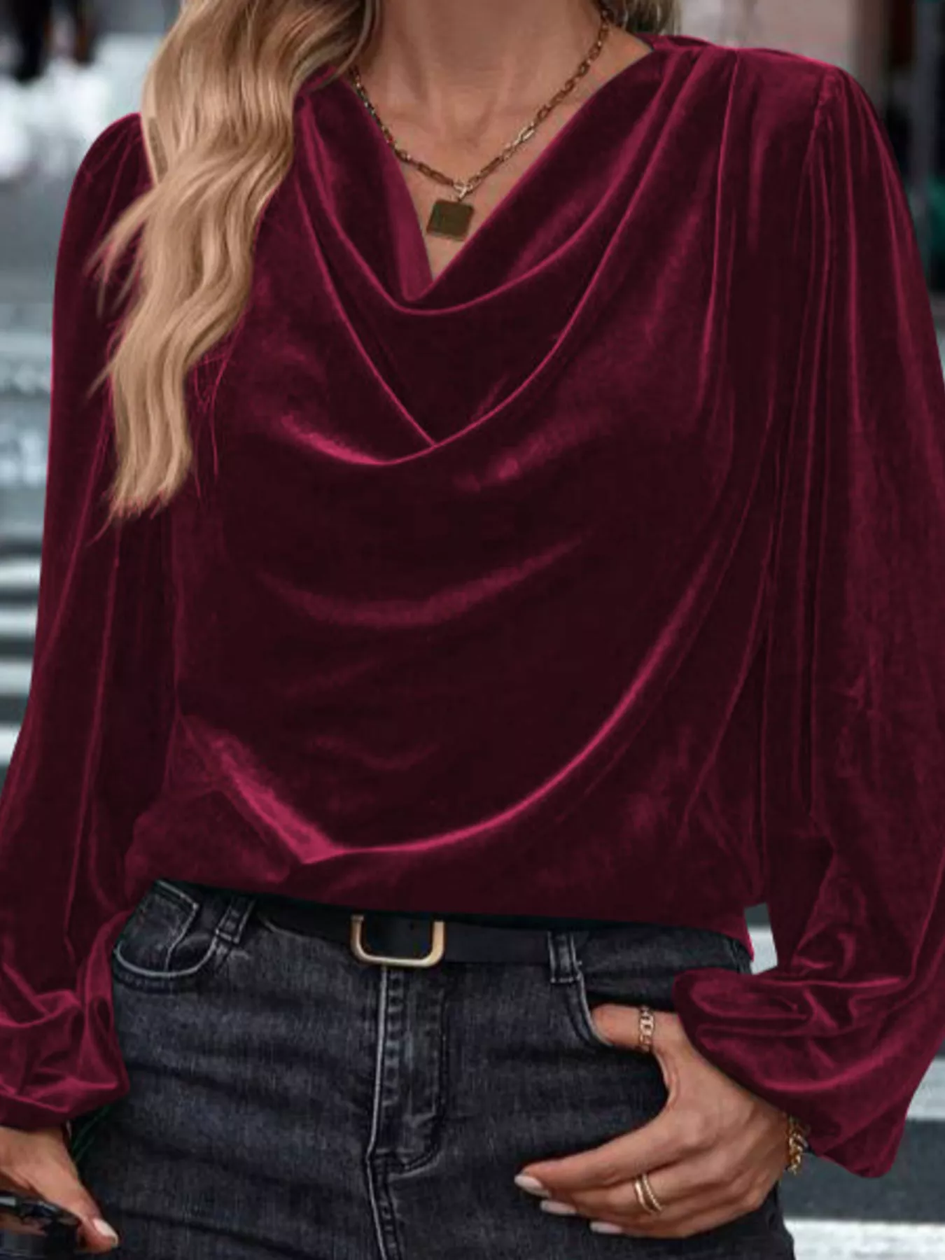 Velvet Cowl Neck Long Sleeve Blouse - Image 3