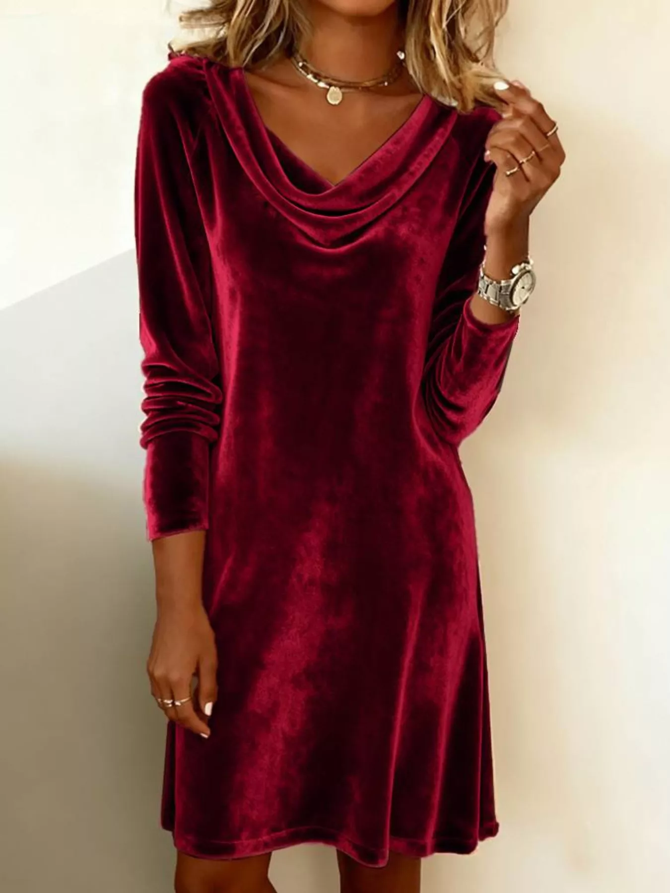 Velvet Cowl Neck Long Sleeve Mini Dress - Image 4