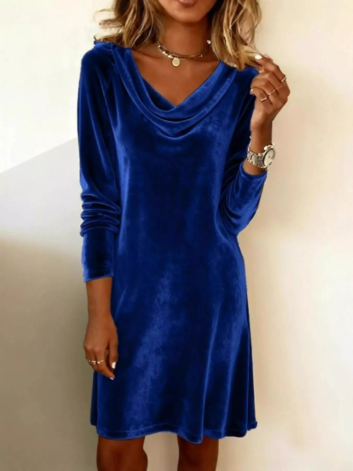 Velvet Cowl Neck Long Sleeve Mini Dress - Image 7