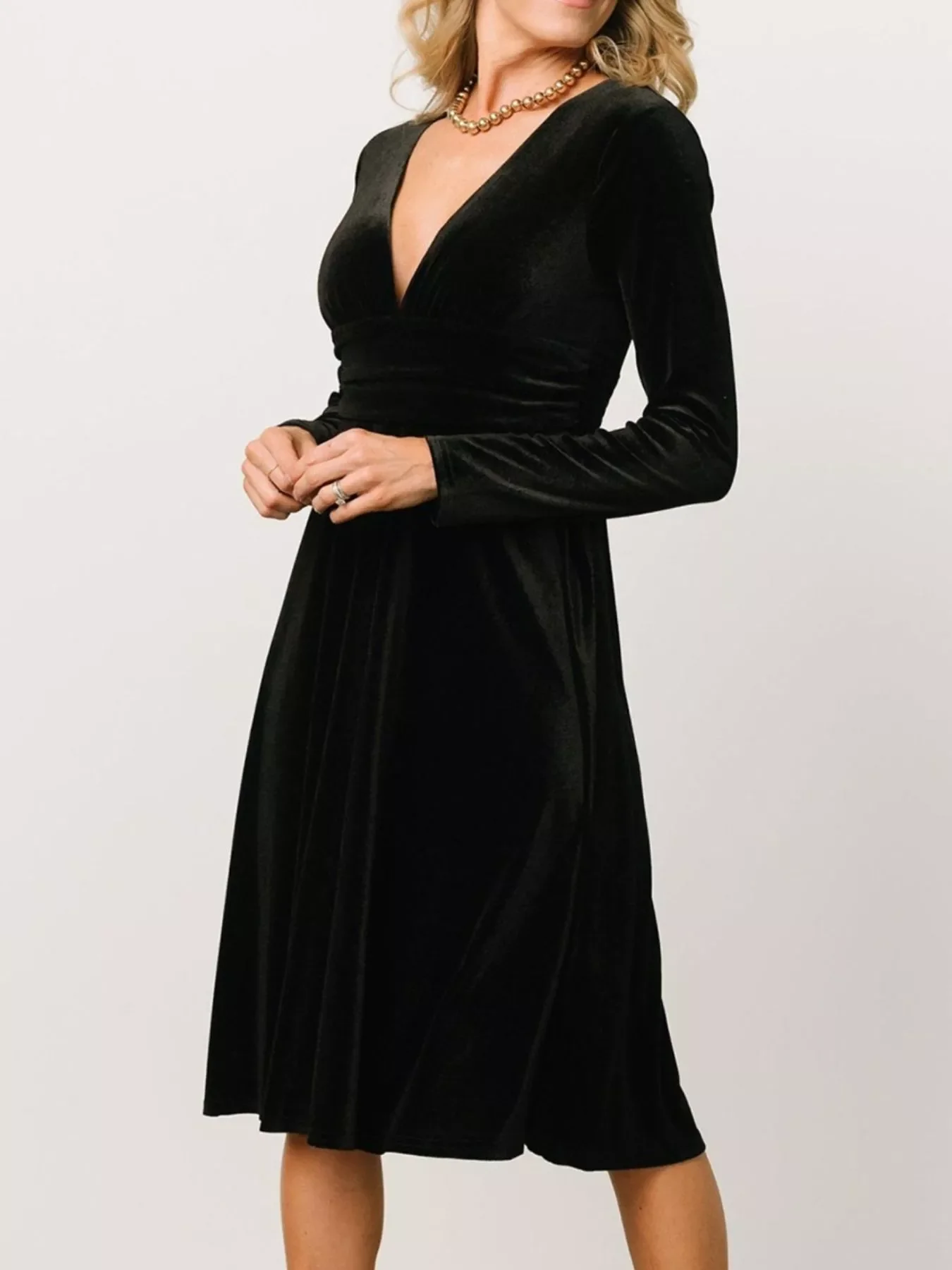 Velvet Deep V-Neck Long Sleeve Dress - Image 10