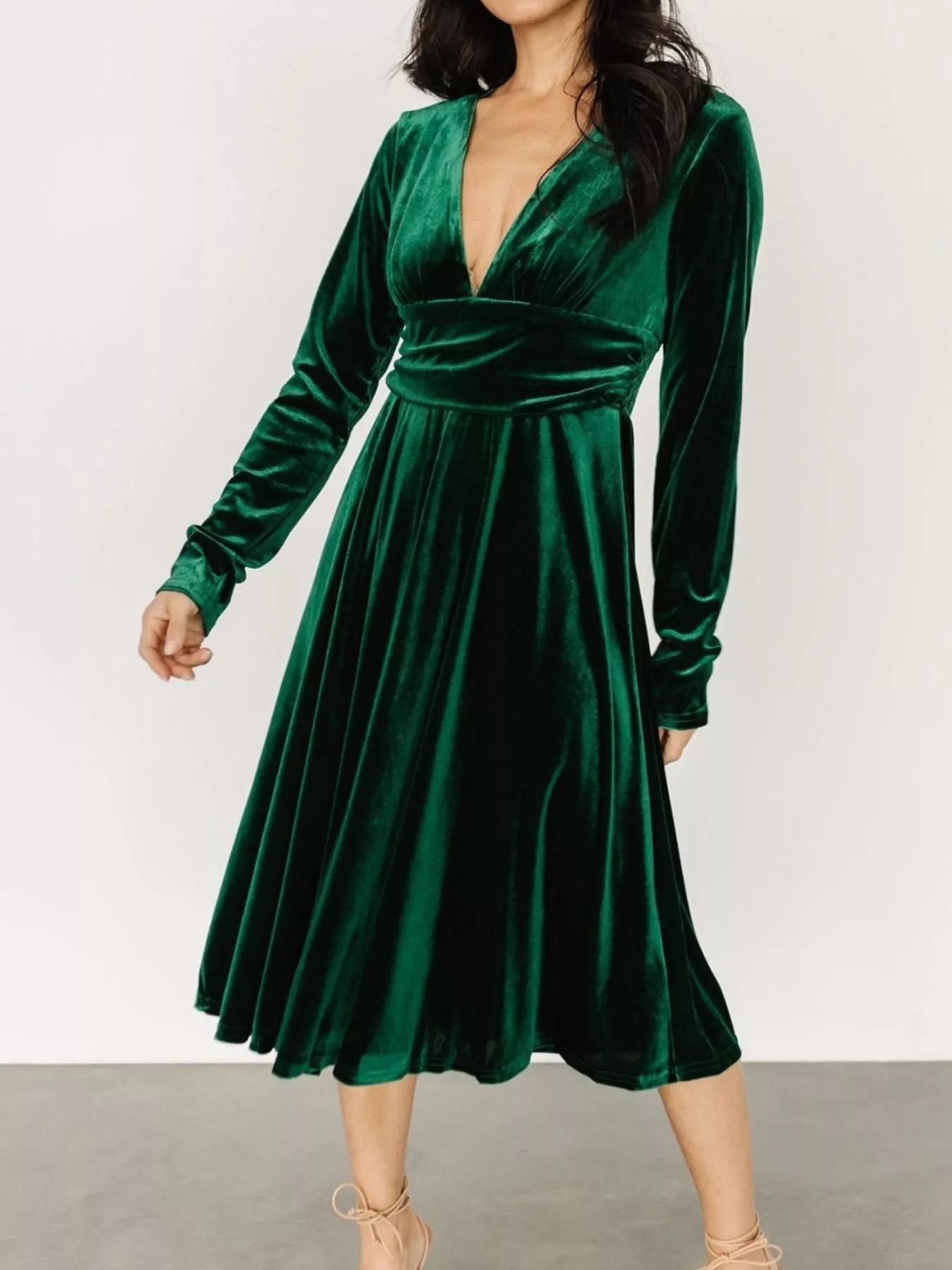 Velvet Deep V-Neck Long Sleeve Dress - Image 3
