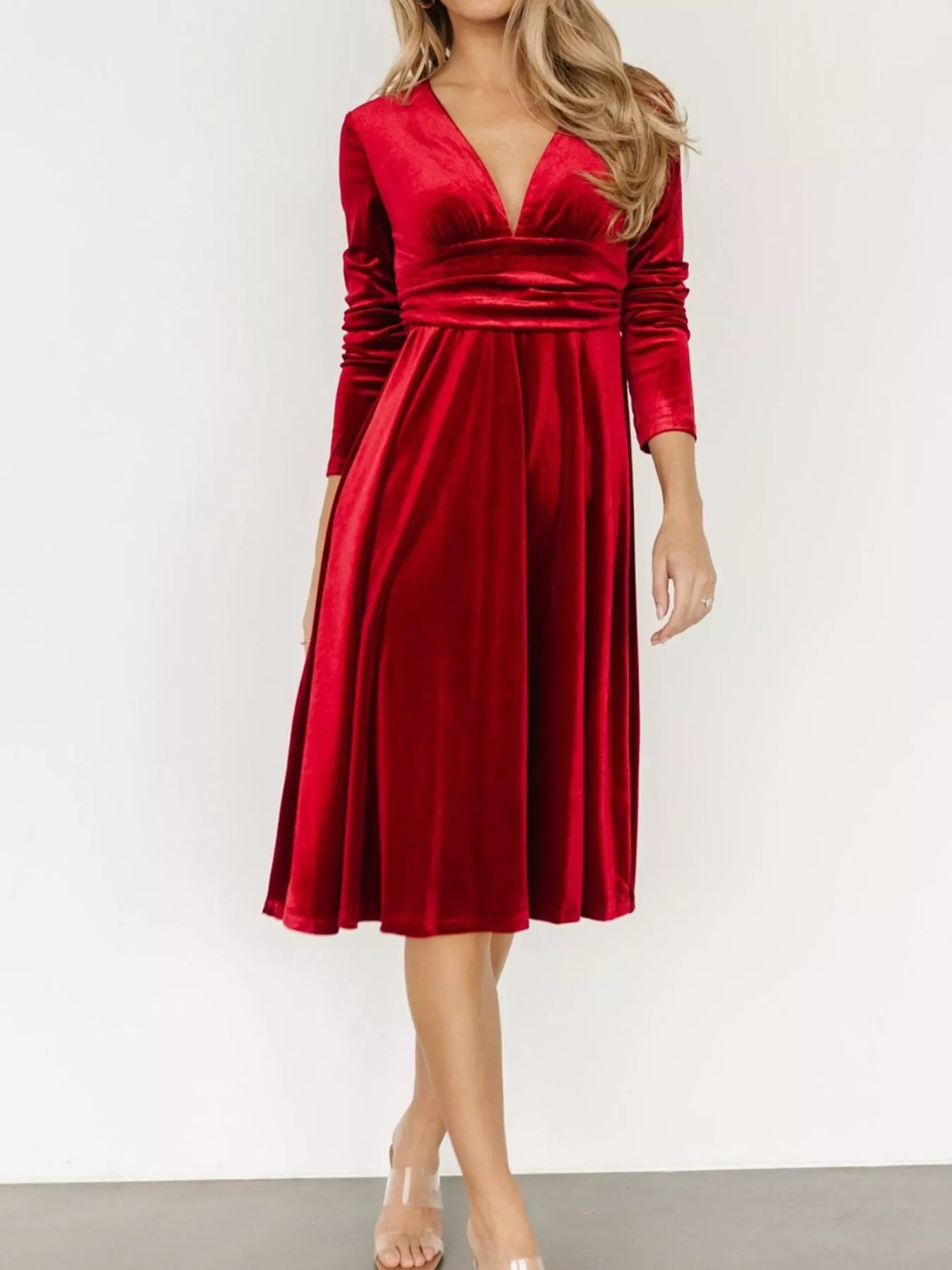 Velvet Deep V-Neck Long Sleeve Dress - Image 5