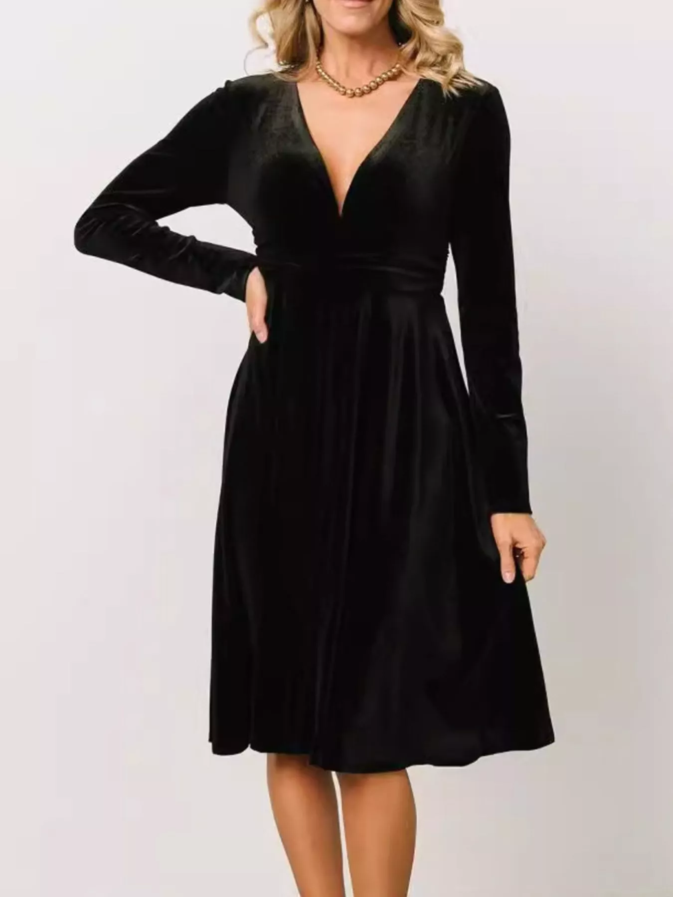 Velvet Deep V-Neck Long Sleeve Dress - Image 9