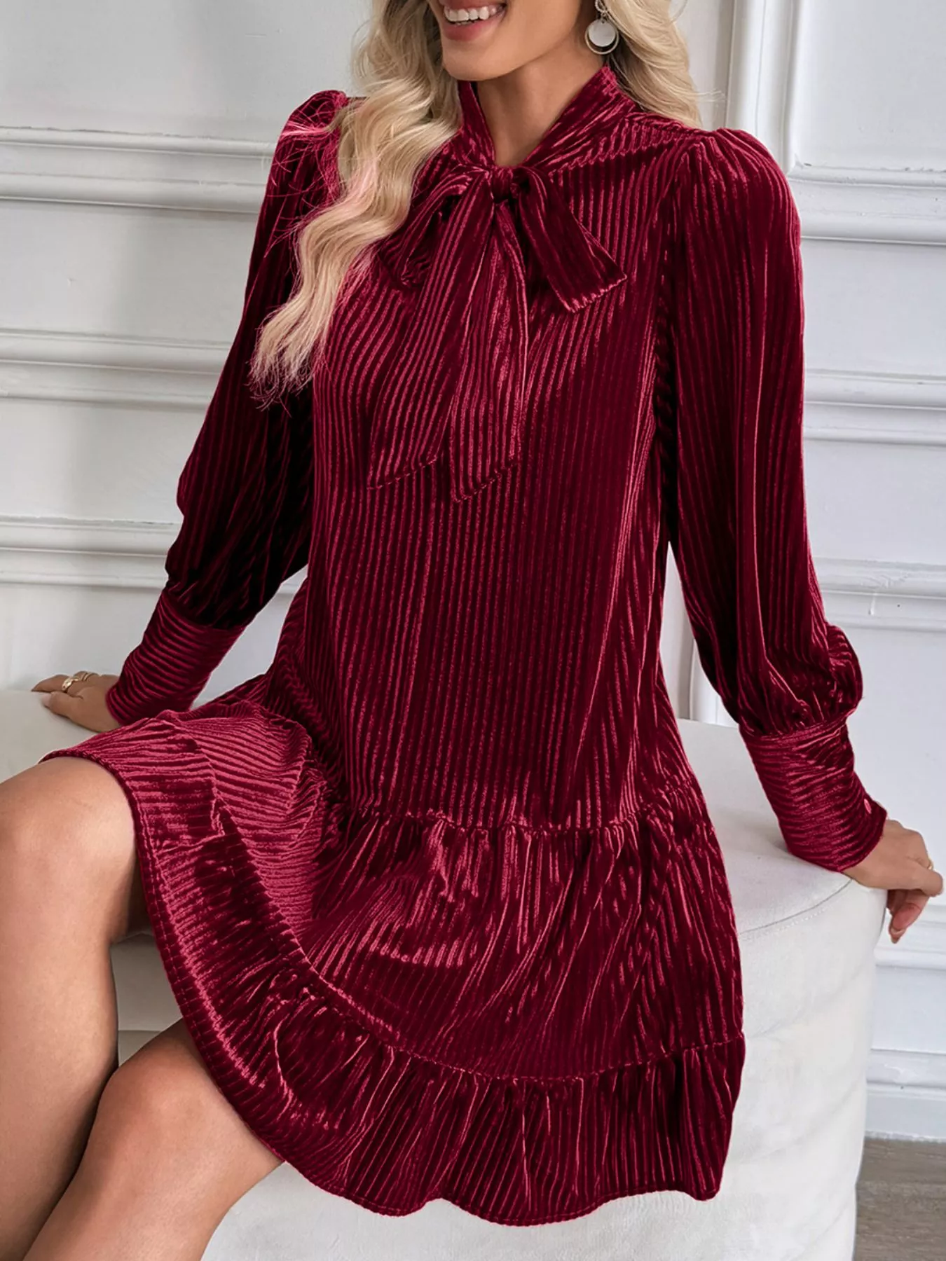 Velvet Tie Front Tiered Mini Dress - Image 5