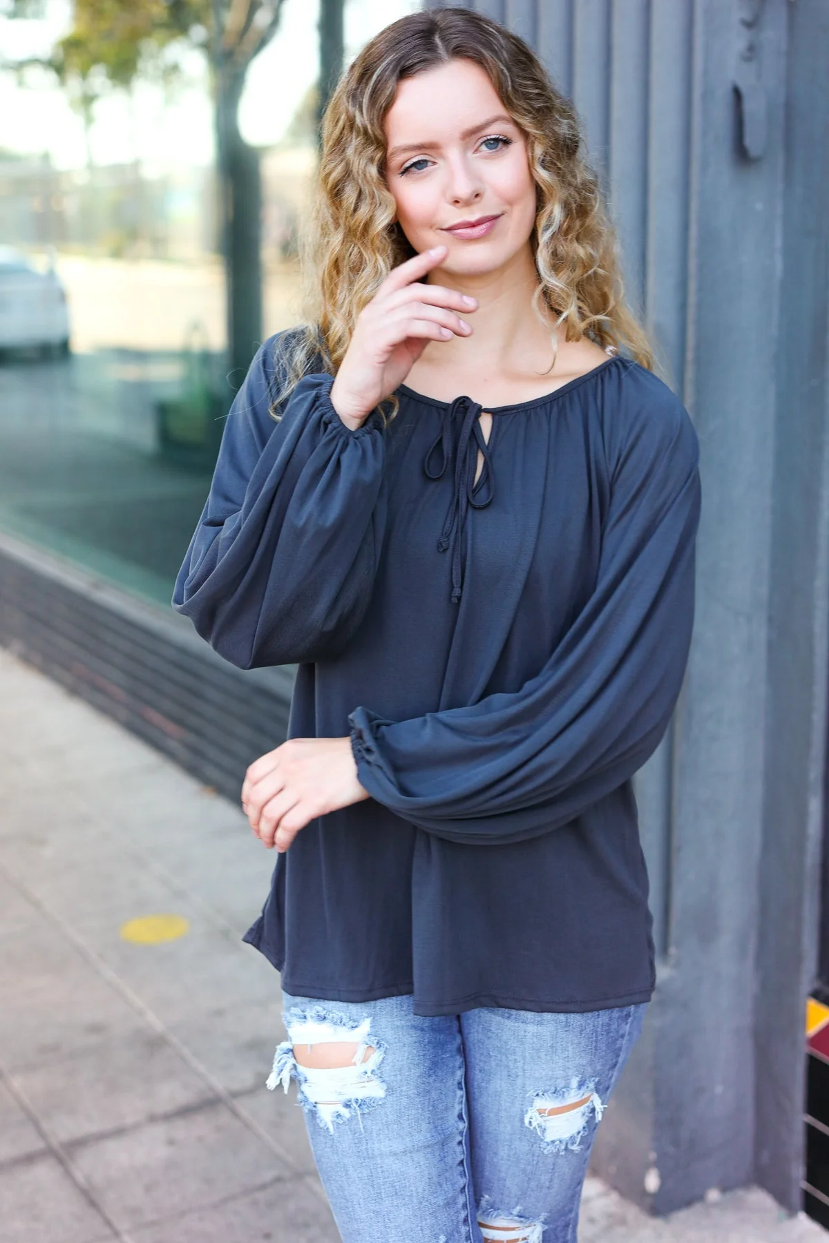 Versatile Charcoal Front Tie Modal Knit Peasant Top - Image 22