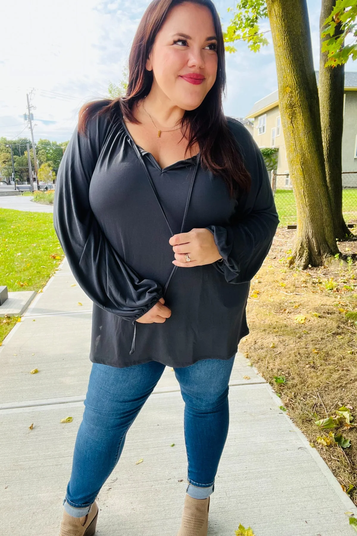 Versatile Charcoal Front Tie Modal Knit Peasant Top - Image 4