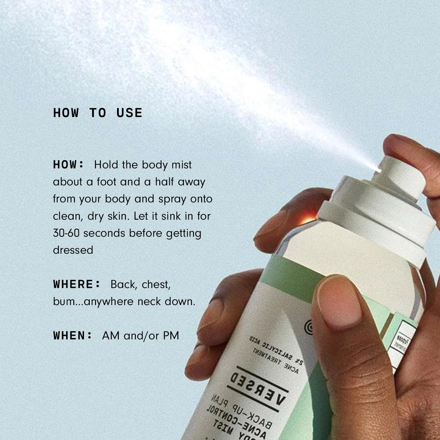 Versed Back-Up Acne Control Body Mist - All Over Blemish Spot Treatment + Salicylic Acid Spray with Tea Tree Oil & Witch Hazel - Oil Control + Redness Relief Acne Spray for Back & Body - Vegan (3 oz) - Image 3
